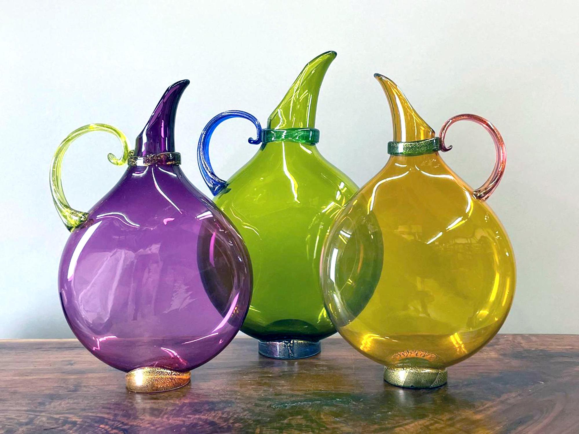 Organic Modern Art Glass Hand Blown Flat Transparent Glass Pitchers, Set of Three For Sale