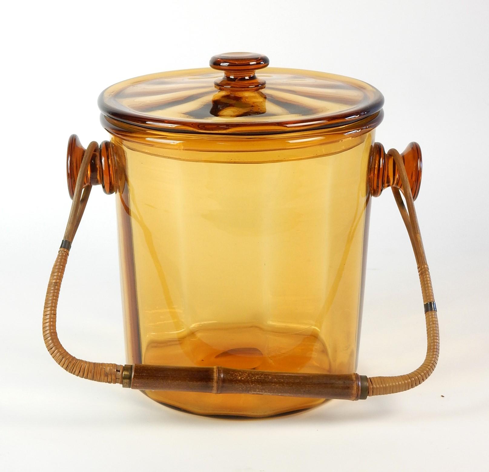 Austrian Art Glass Lidded Ice Bucket with Rattan Cane Handle, Austria, 1960's For Sale