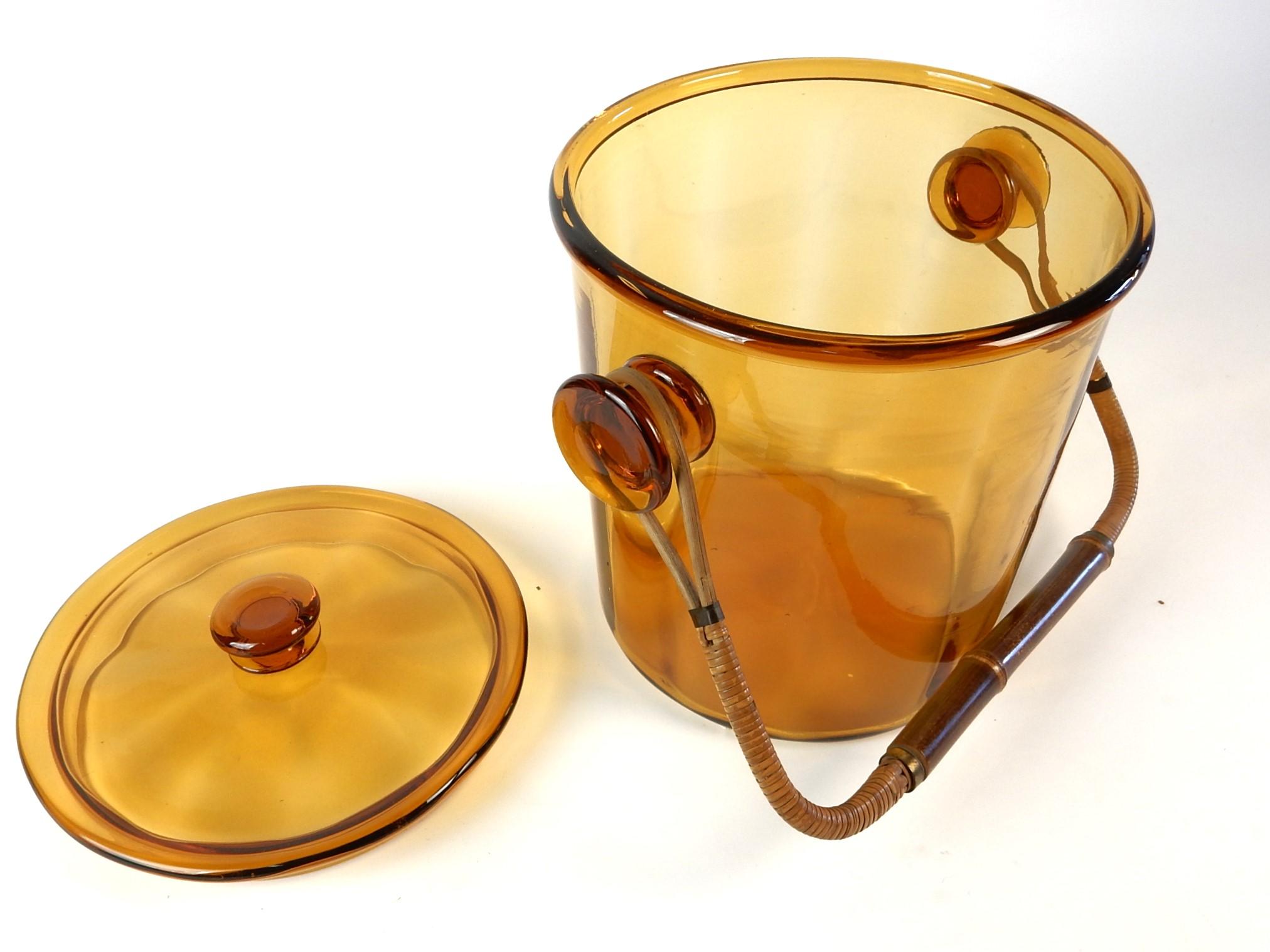 20th Century Art Glass Lidded Ice Bucket with Rattan Cane Handle, Austria, 1960's For Sale