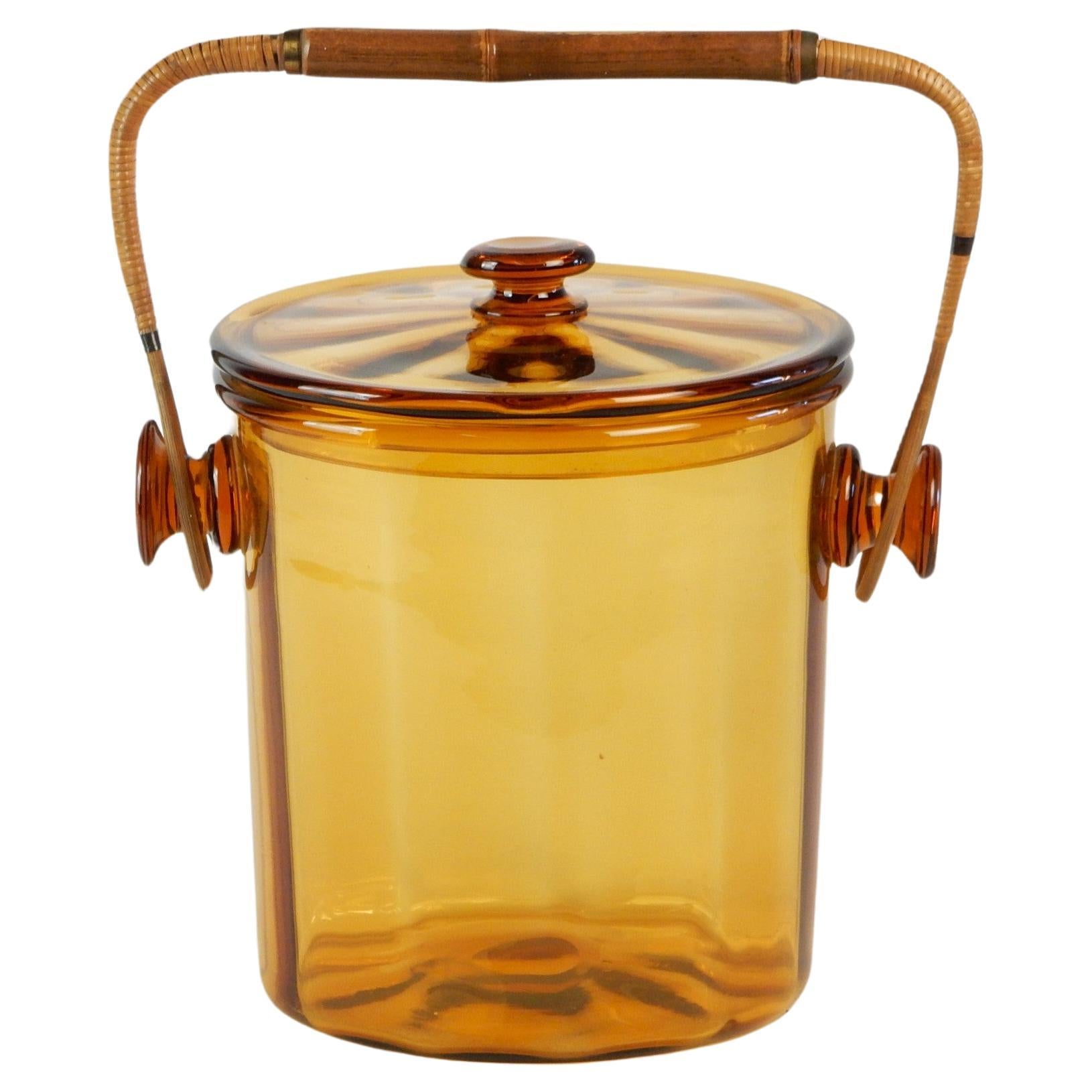 Art Glass Lidded Ice Bucket with Rattan Cane Handle, Austria, 1960's