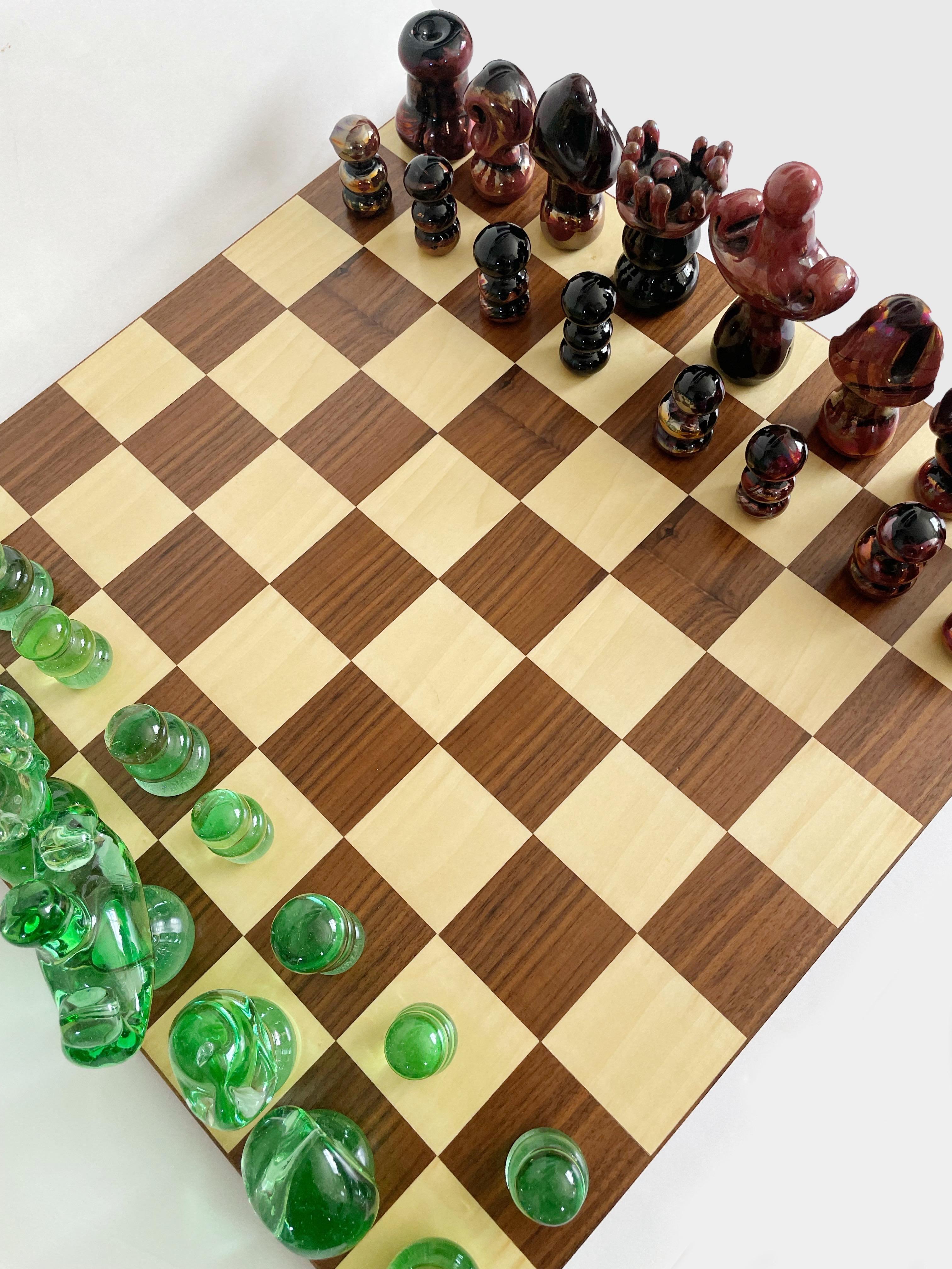 Late 20th Century Art Glass Murano Chess Set and Inlaid Wood Board For Sale