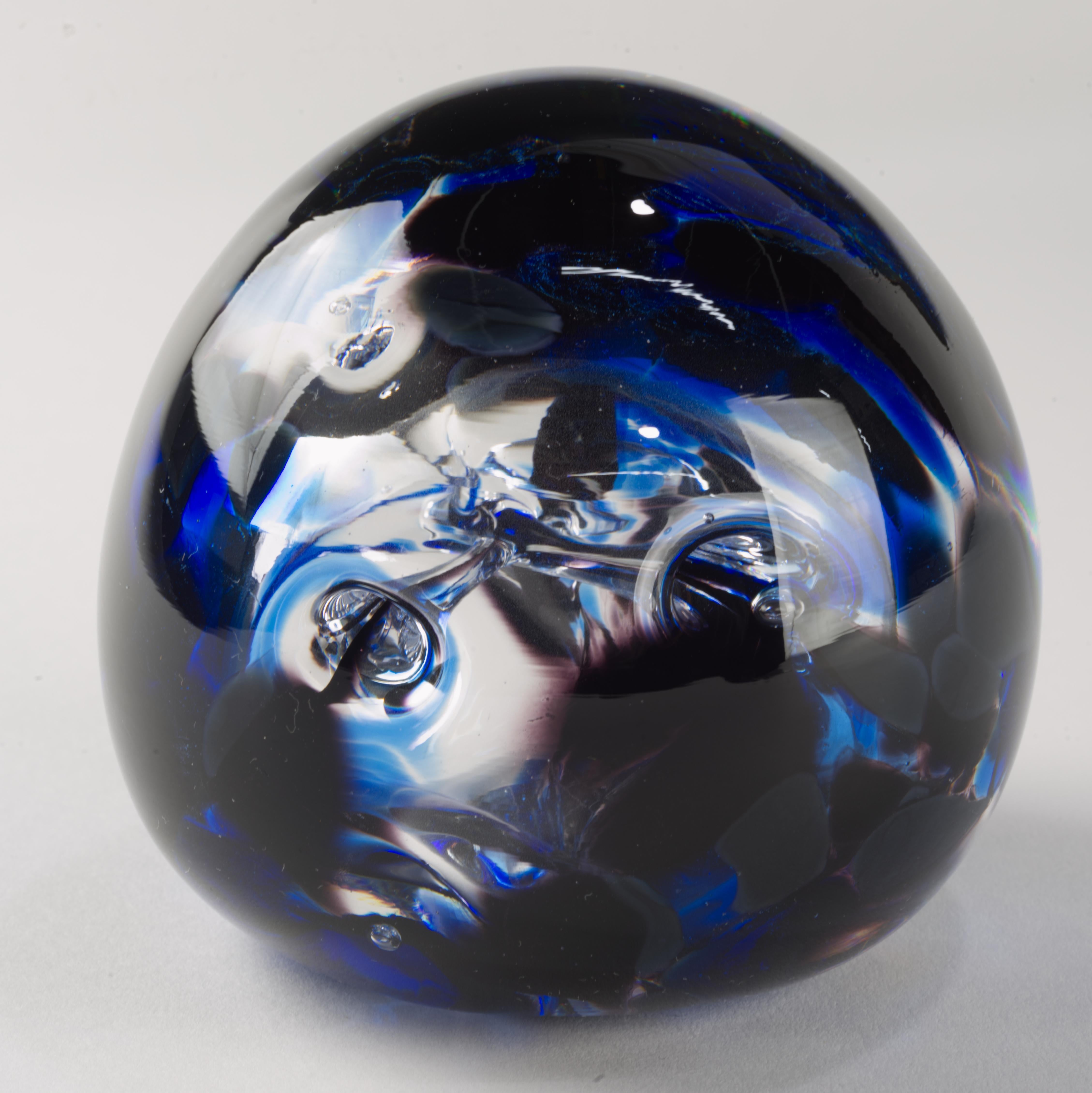 American Art Glass Paperweight Cobalt Blue Clear Controlled Bubbles Signed For Sale
