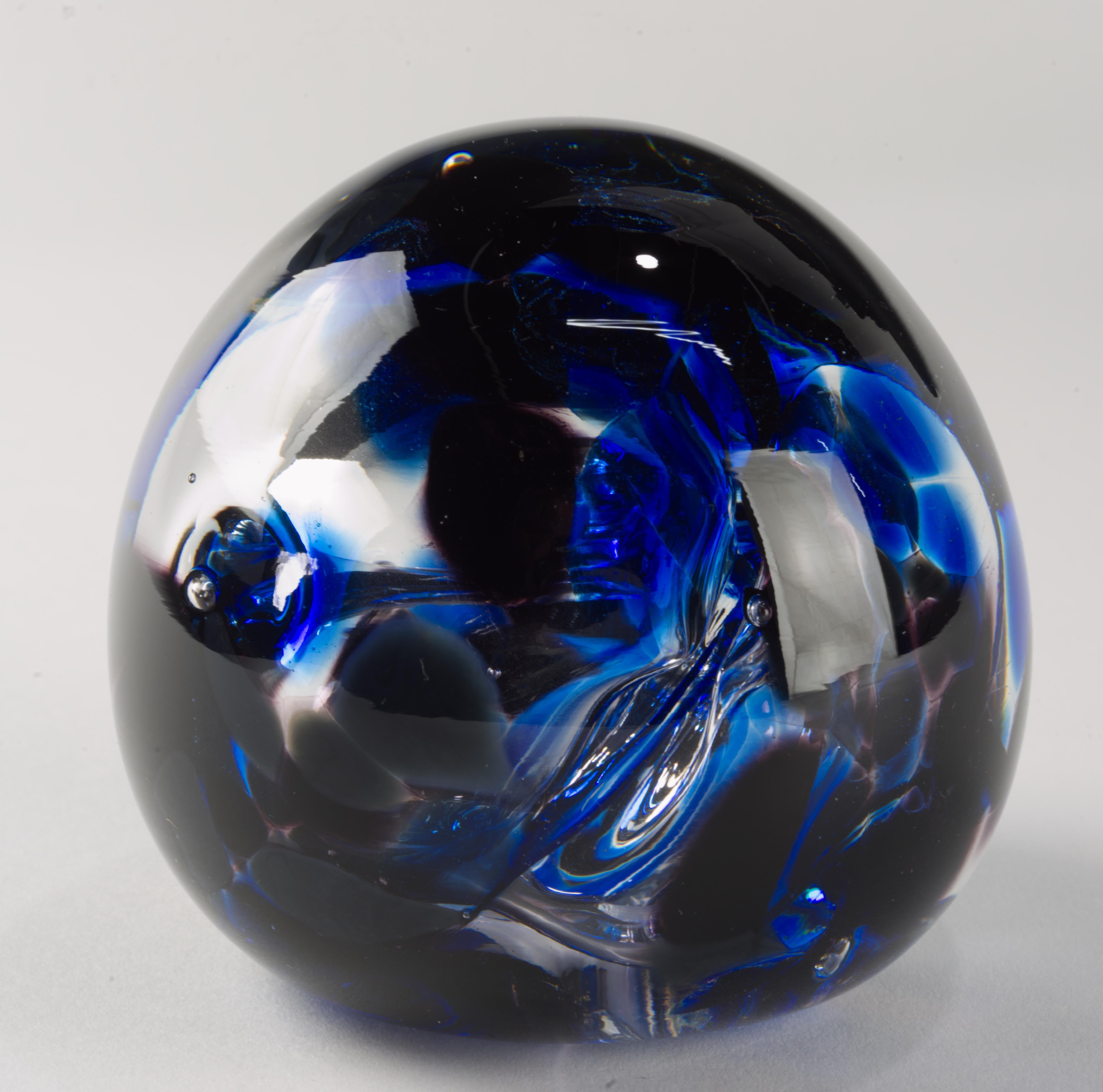 20th Century Art Glass Paperweight Cobalt Blue Clear Controlled Bubbles Signed For Sale