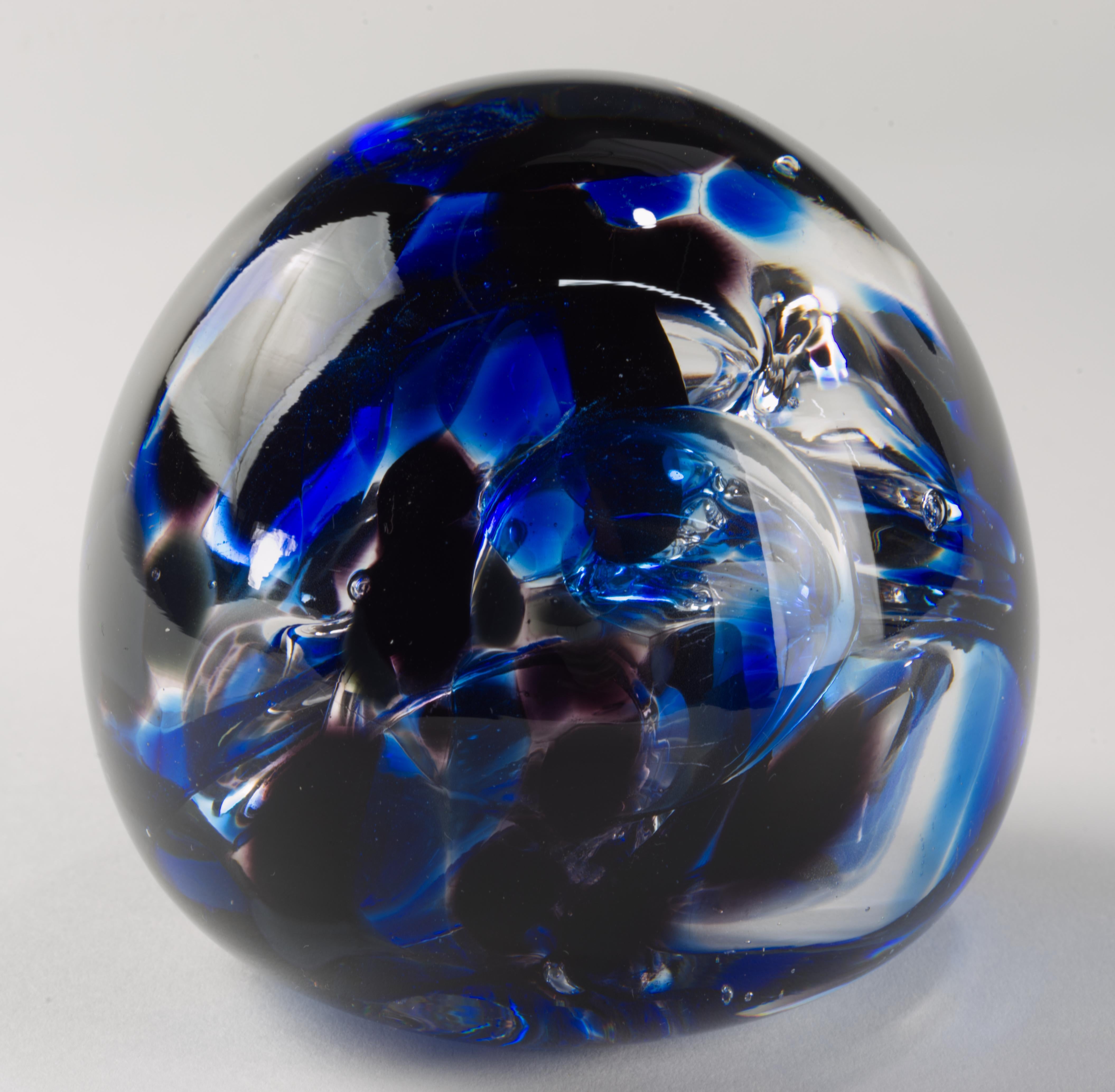 Art Glass Paperweight Cobalt Blue Clear Controlled Bubbles Signed For Sale 1