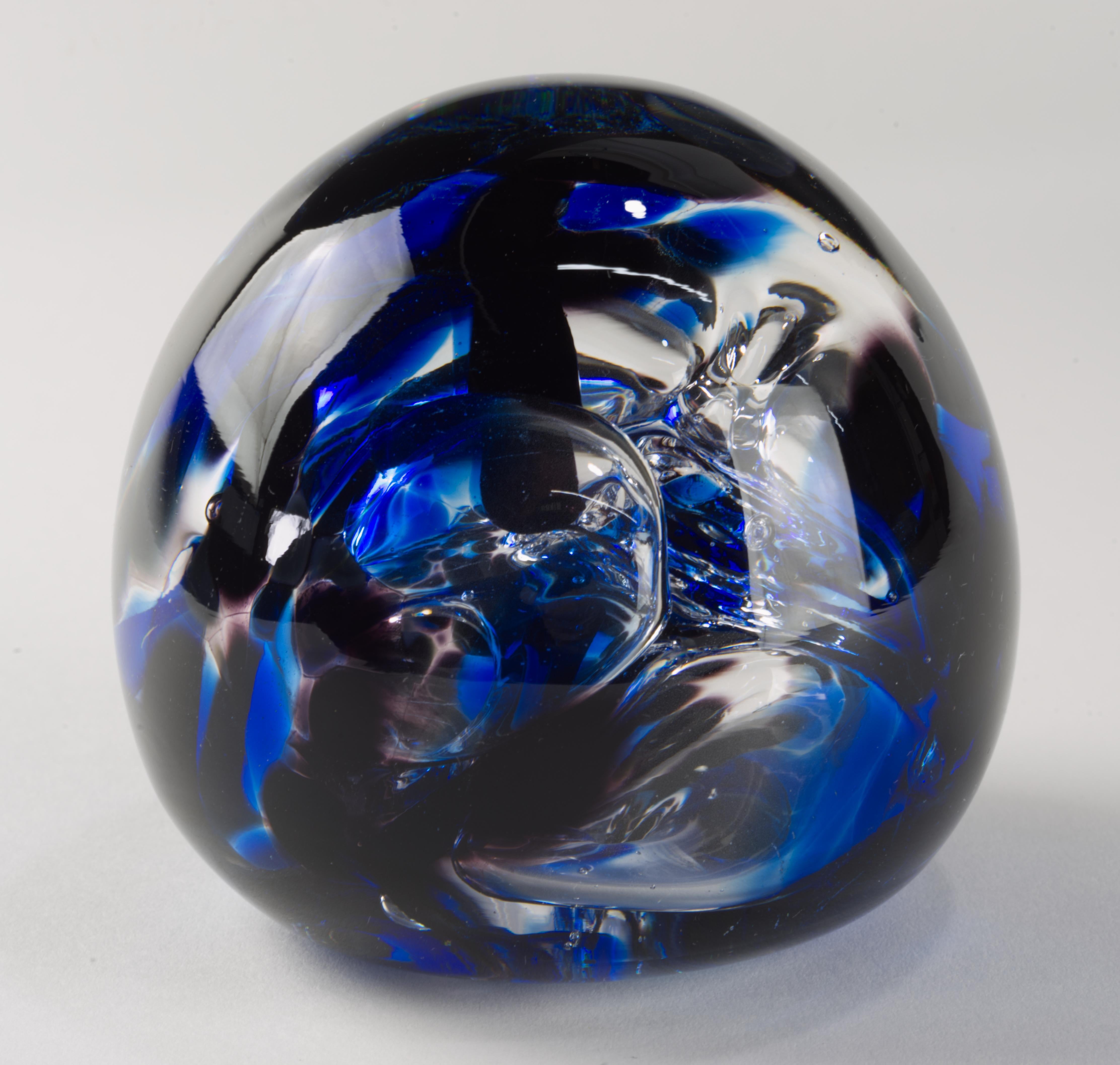 Art Glass Paperweight Cobalt Blue Clear Controlled Bubbles Signed For Sale 2