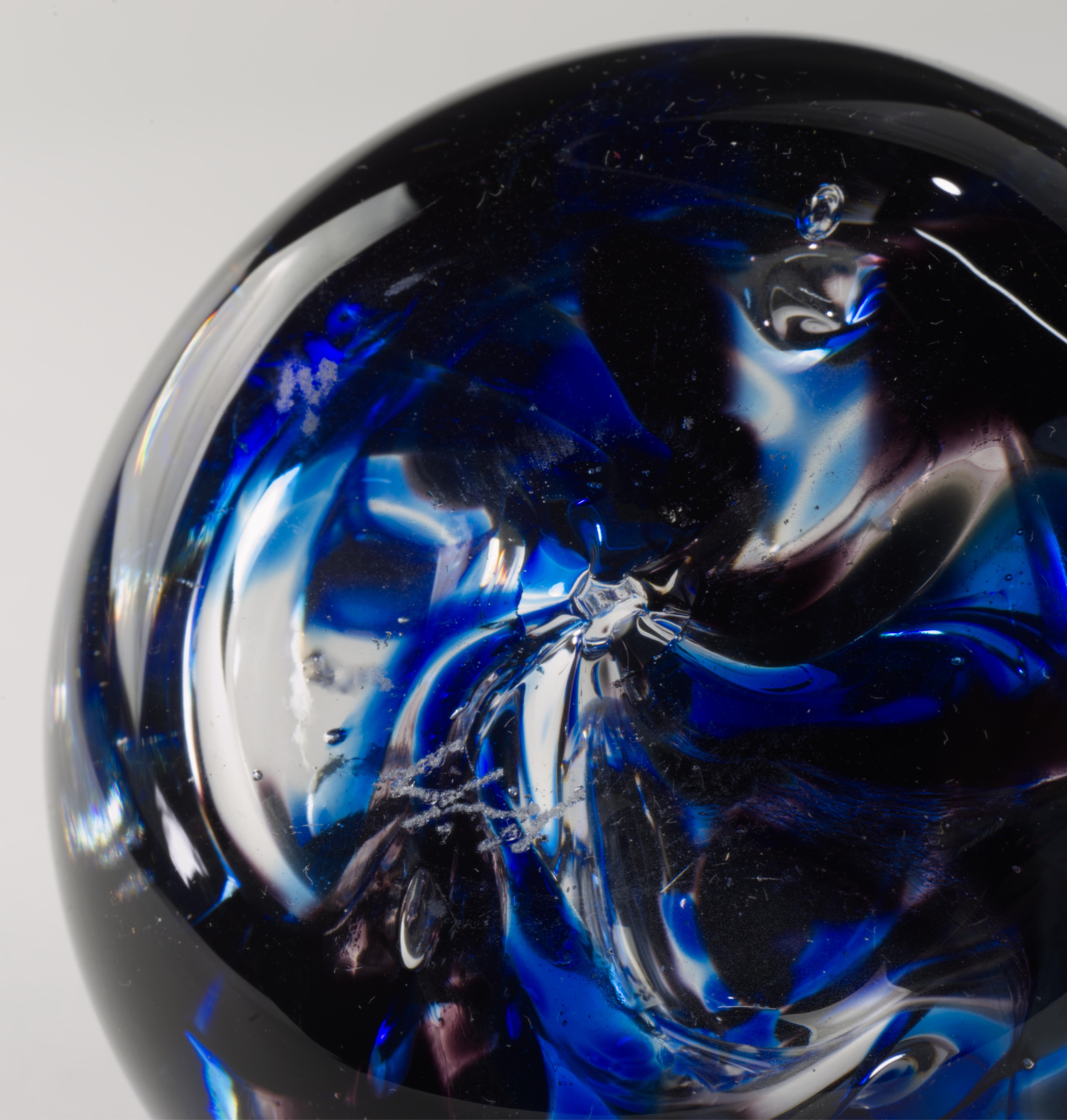 Art Glass Paperweight Cobalt Blue Clear Controlled Bubbles Signed For Sale 3