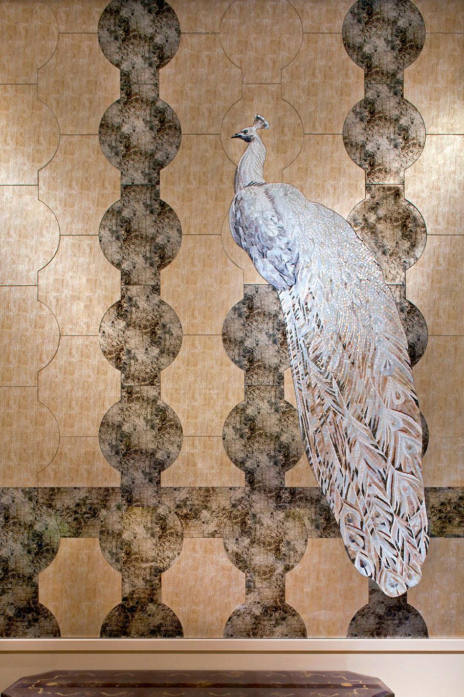 Modern Art Glass & Peacock Mosaic Decorative Panel Multiple Uses Dimension Customizable For Sale