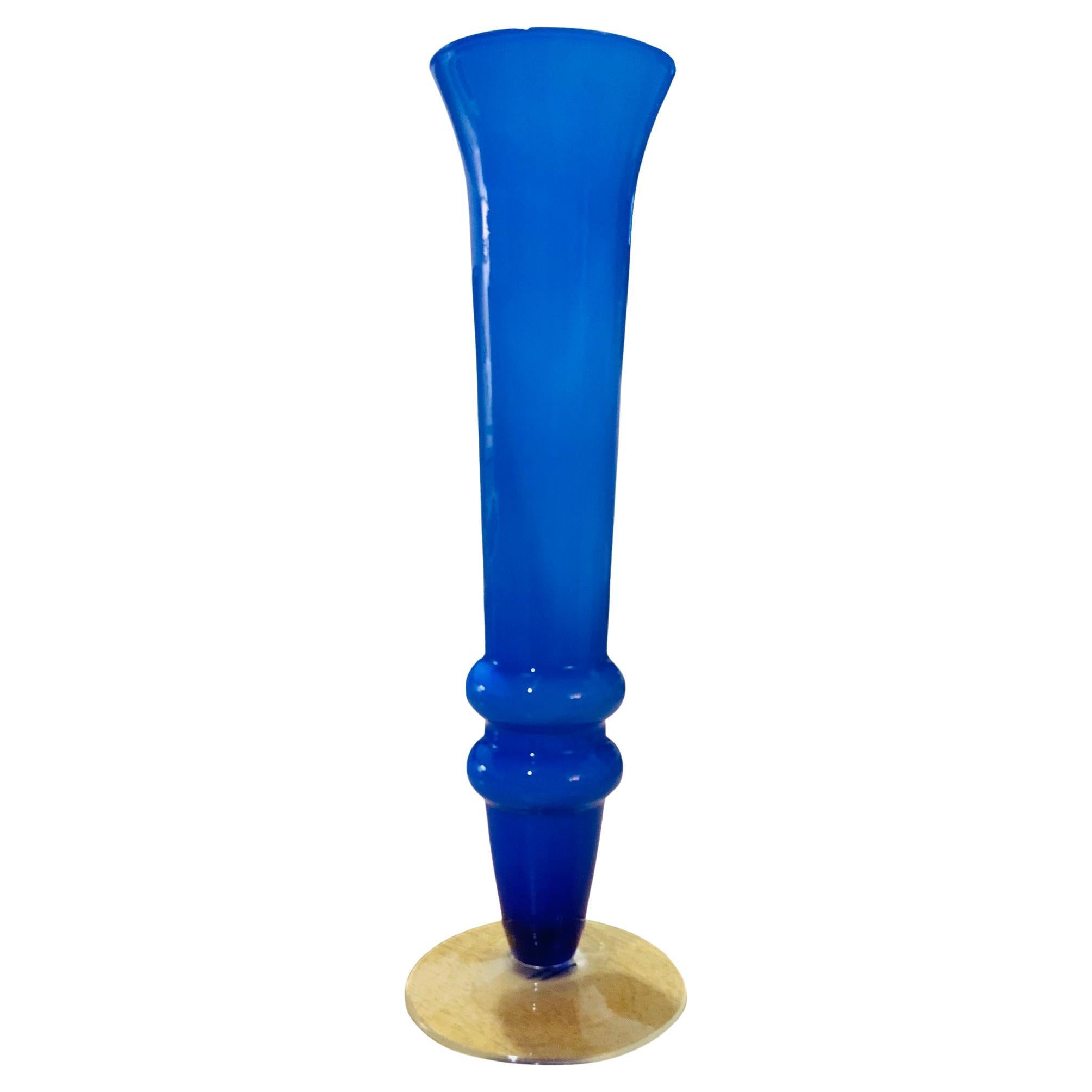 Art Glass Royal Blue And White Glass Fluted Vase For Sale