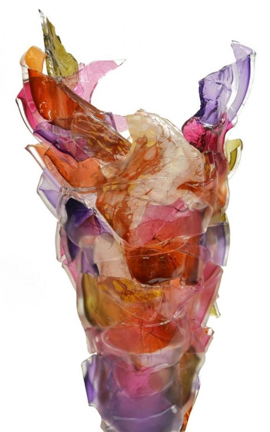 Modern colorful and bright art glass sculpture by Caleb Nichols, American, 21st century. 

Light and dark purple, pale and bright pink, orange, white, green, red - all these colors of frosted and clear blown glass pieces were combined together in