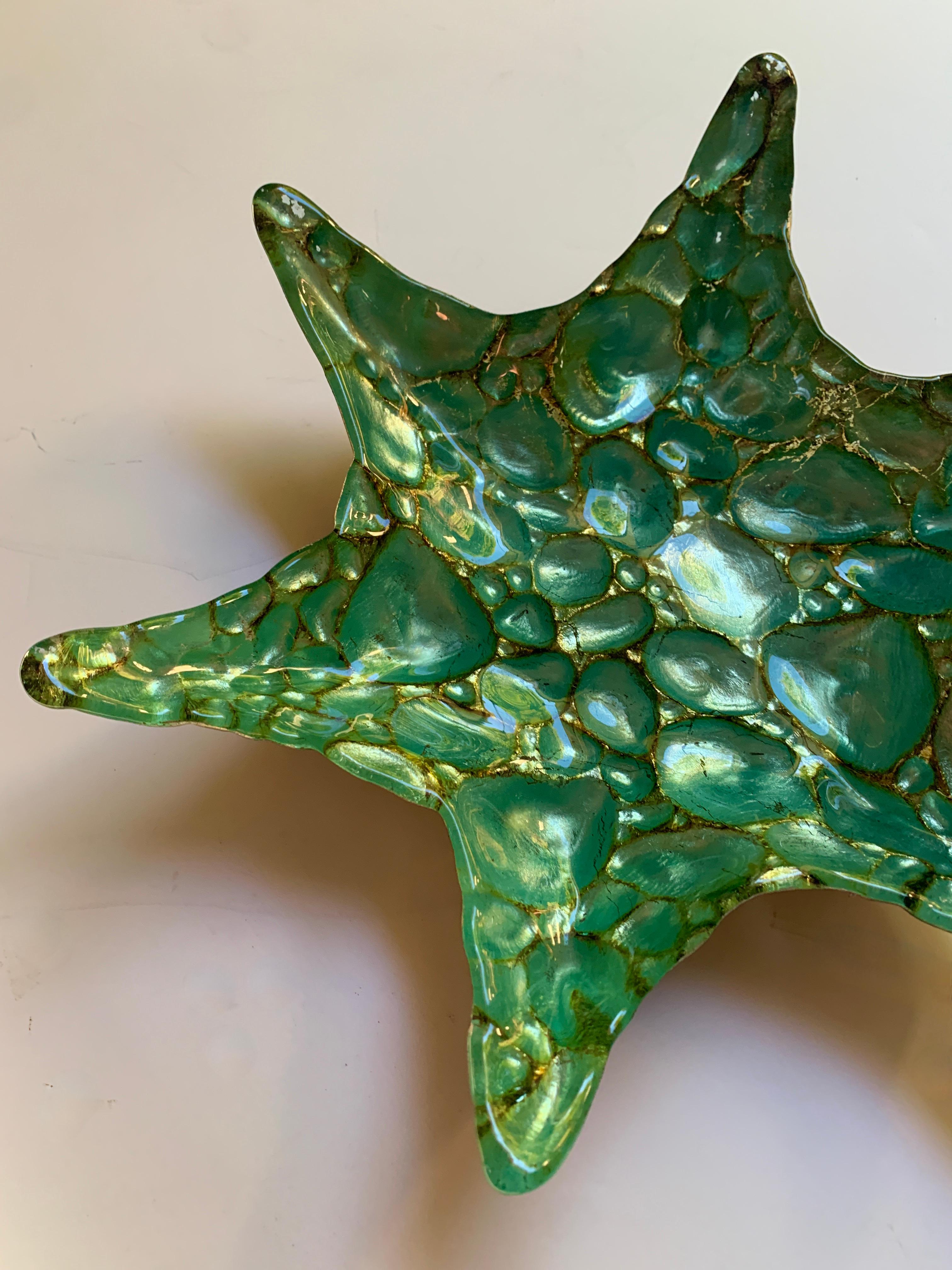 Hand-Painted Art Glass Starfish Bowl in Turquoise and Gold For Sale