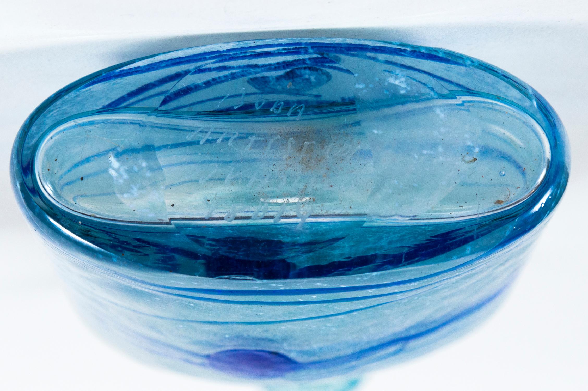 Art Glass Vase, Bertil Vallien, Kosta Boda, Sweden, circa 1970. Frosted hand-blown glass with bright blue applied abstract design, Galaxy series. Signed on bottom. Bertil Vallien (b. 1938) is a renown Swedish glass artist and designer represented in