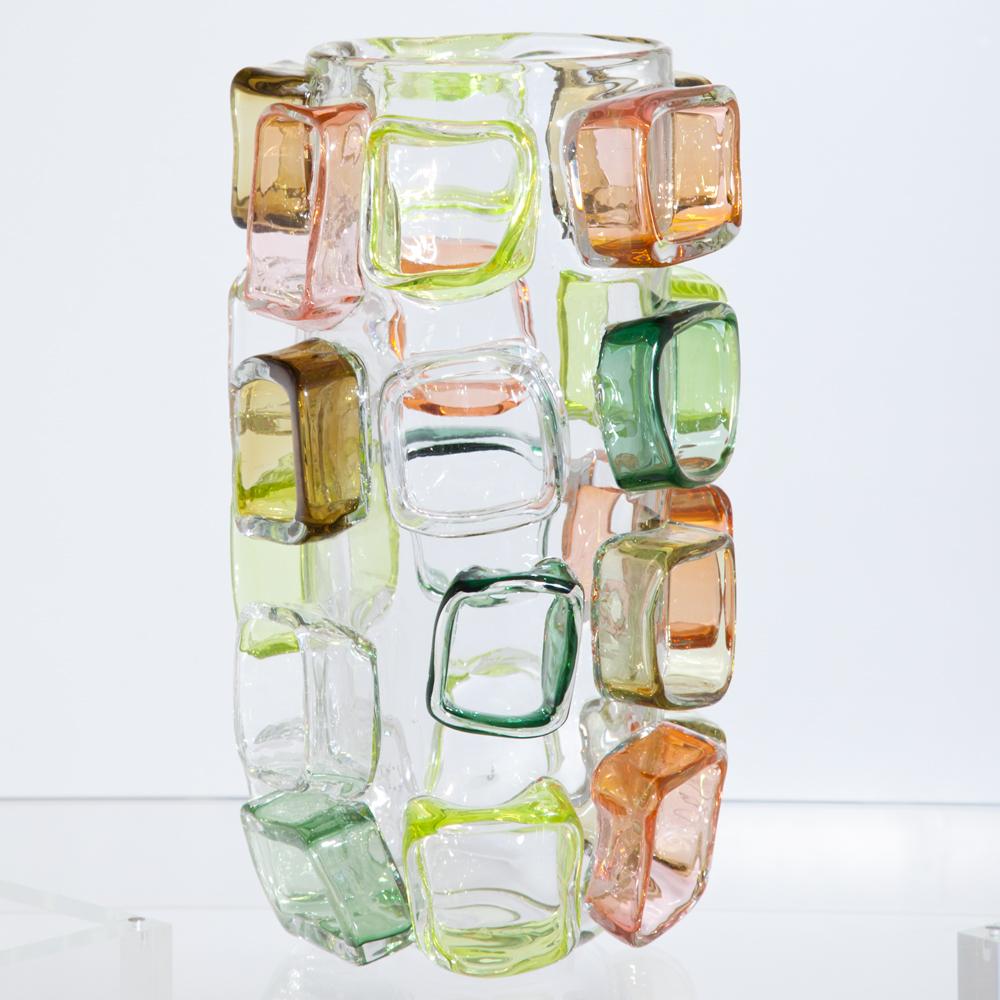 Limited edition art glass vase by Martin Postch. Vase shades of green, clear and amber applied prunts.