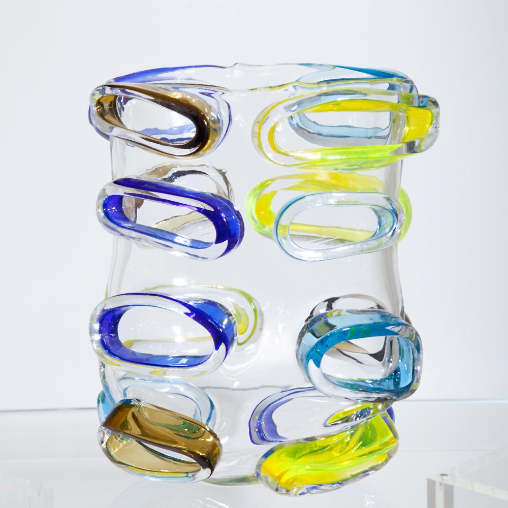Limited edition art glass vase by Martin Postch. Oval vase with yellow and blue applied prunts.