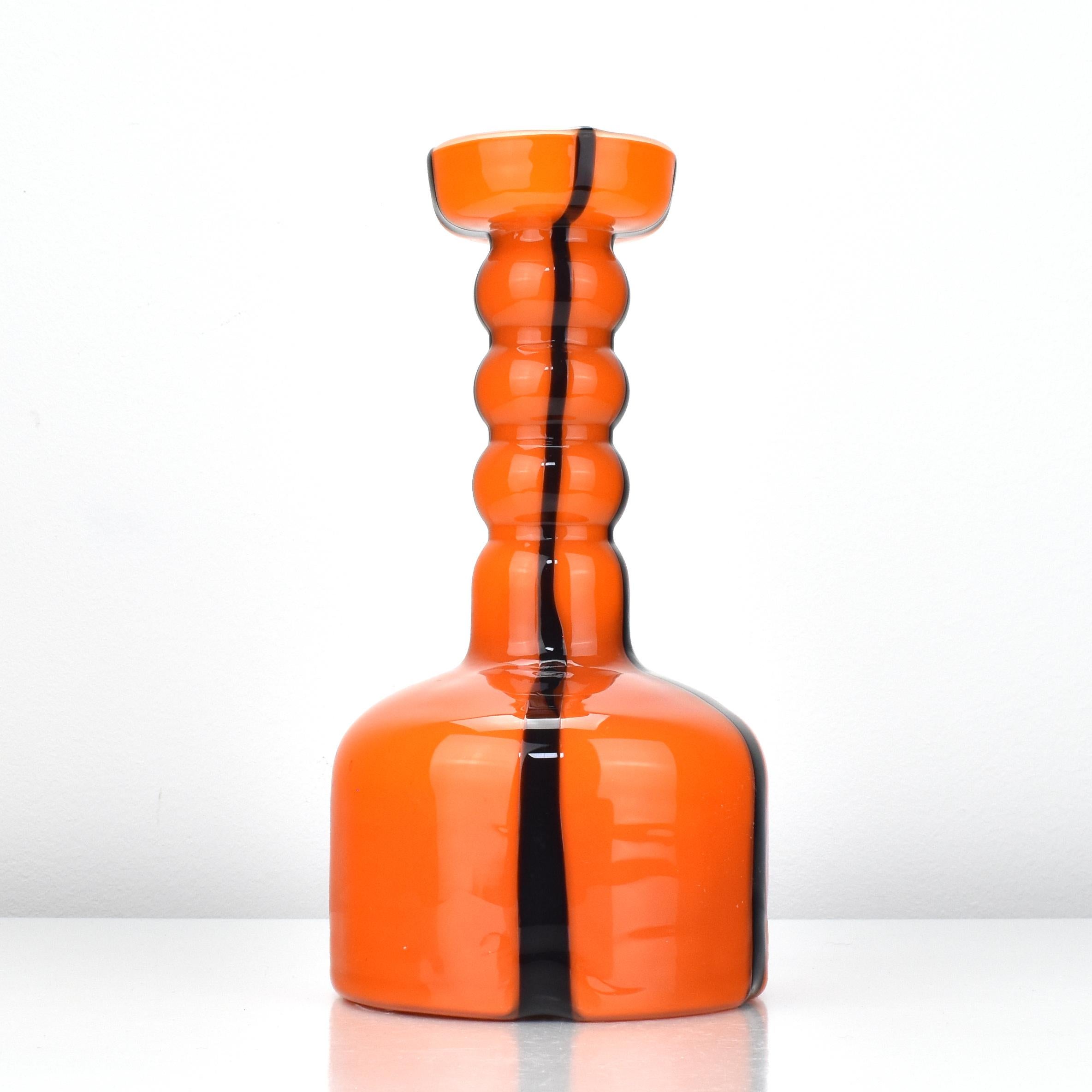 Vibrant orange coloured and black striped Empoli art glass vase made by Opaline di Firenze Italy in the 1960s.

 