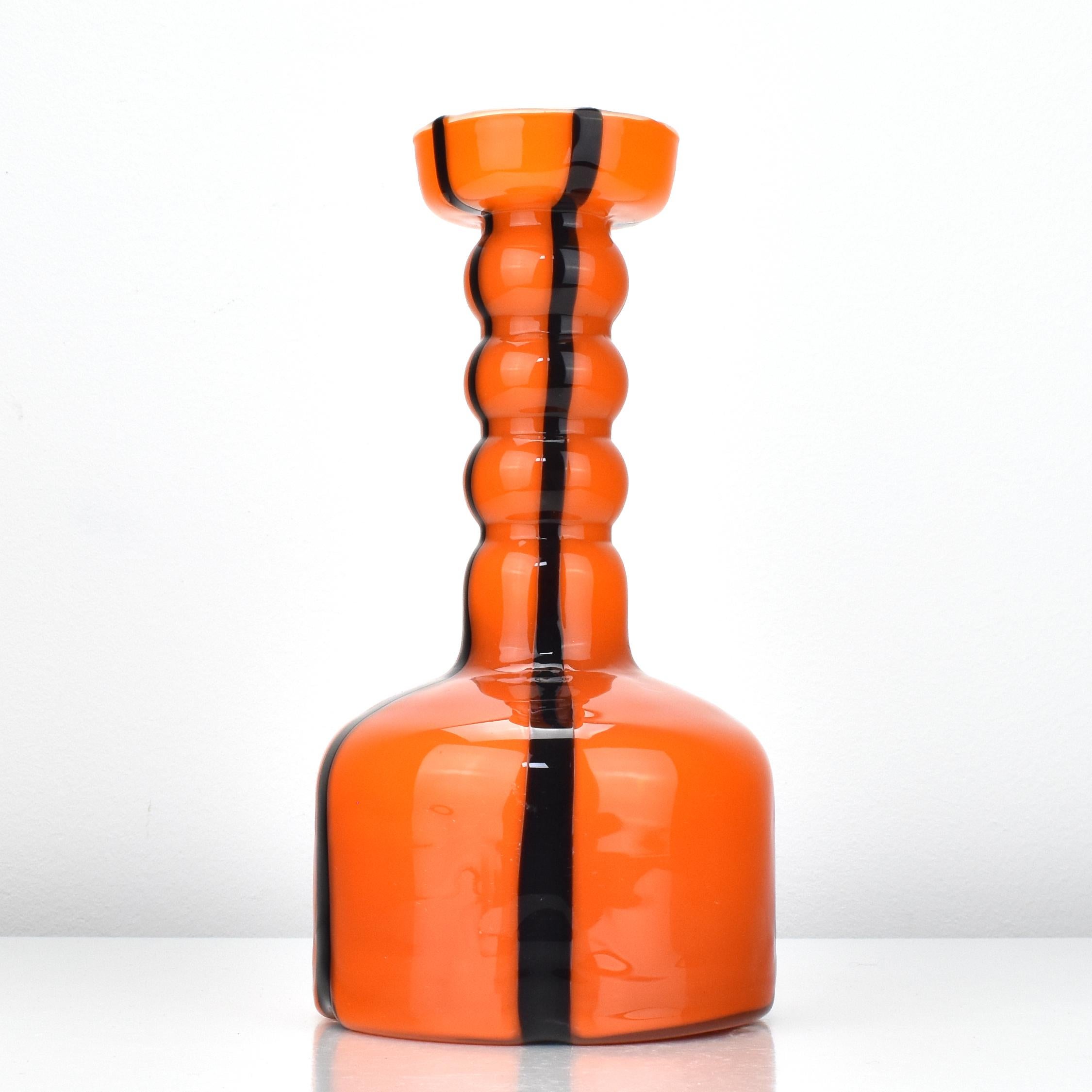Mid-Century Modern Art Glass Vase Empoli Opaline di Firenze Orange with Black Stripes For Sale