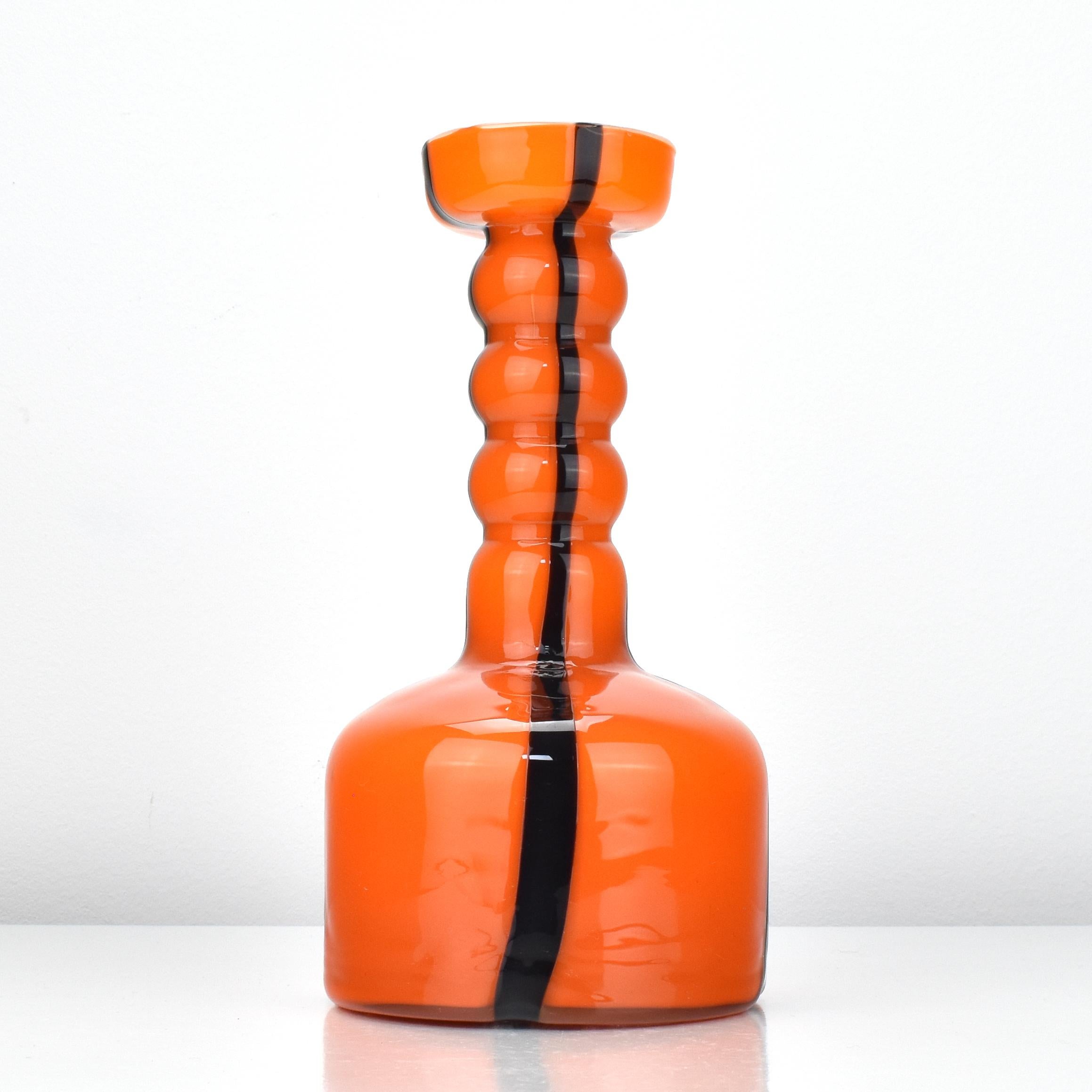Italian Art Glass Vase Empoli Opaline di Firenze Orange with Black Stripes For Sale