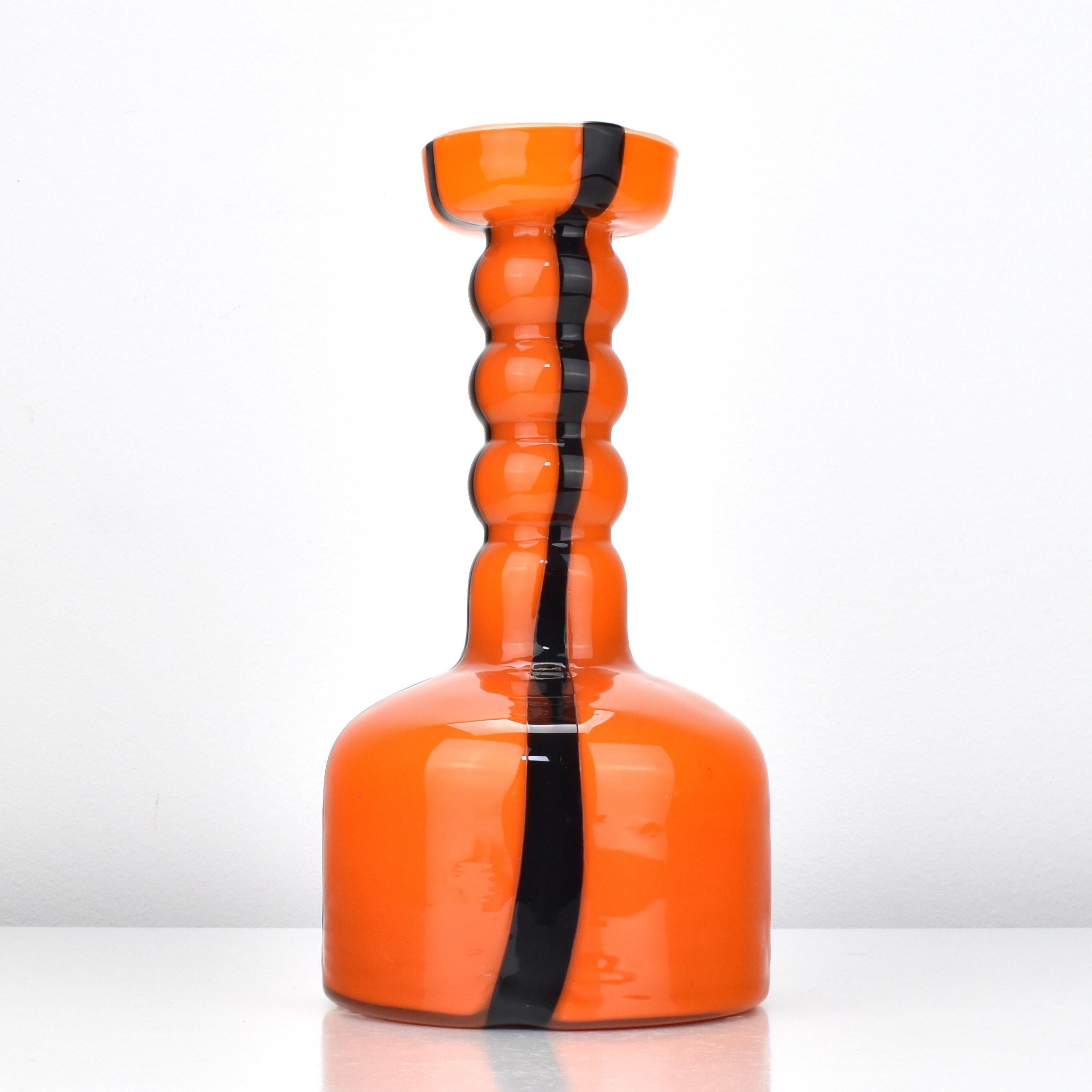 Hand-Crafted Art Glass Vase Empoli Opaline di Firenze Orange with Black Stripes For Sale