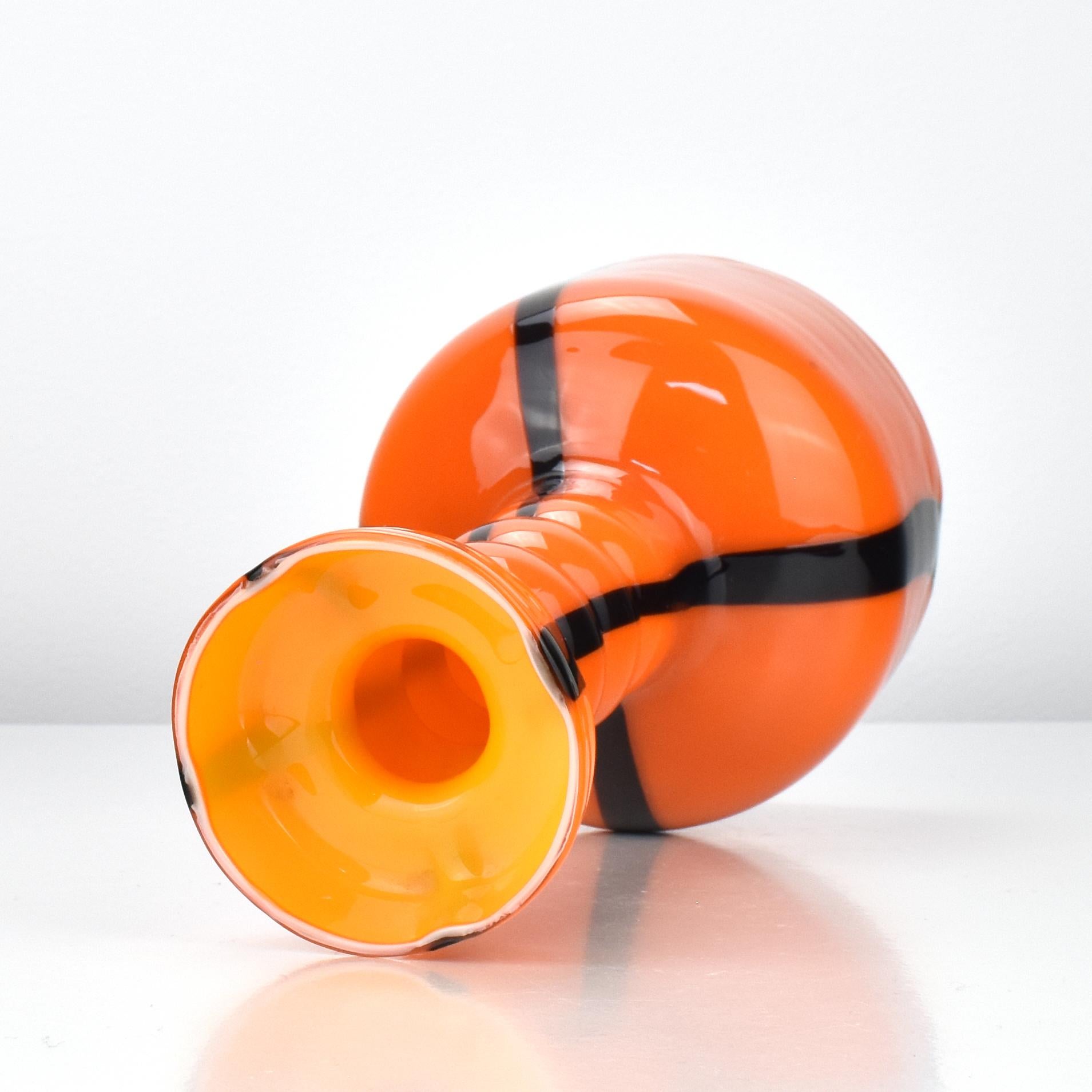 Art Glass Vase Empoli Opaline di Firenze Orange with Black Stripes For Sale 1