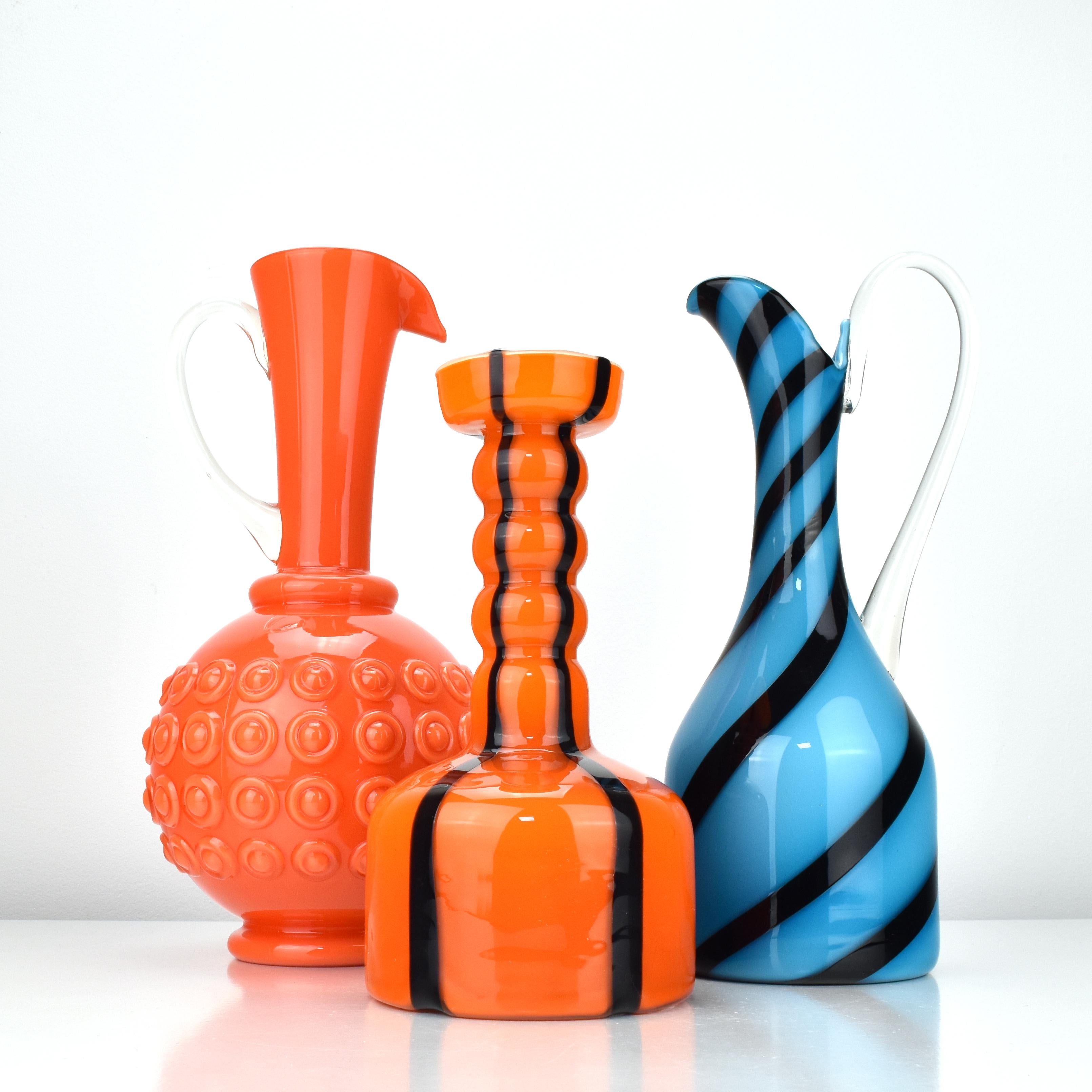 Art Glass Vase Empoli Opaline di Firenze Orange with Black Stripes For Sale 2