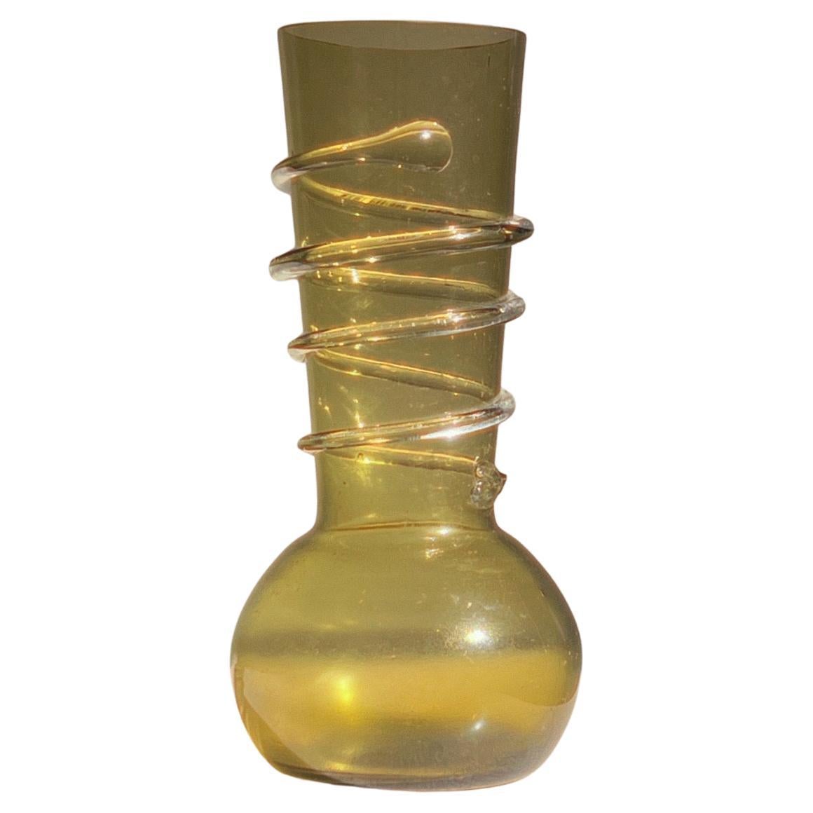 Art glass vase in olive green with spiral detail, late 20th century  For Sale