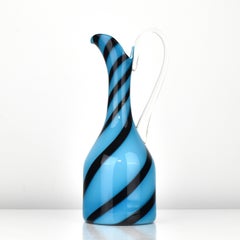Art Glass Vase / Jug Empoli Opaline di Firenze Blue with Black Stripes Swirl