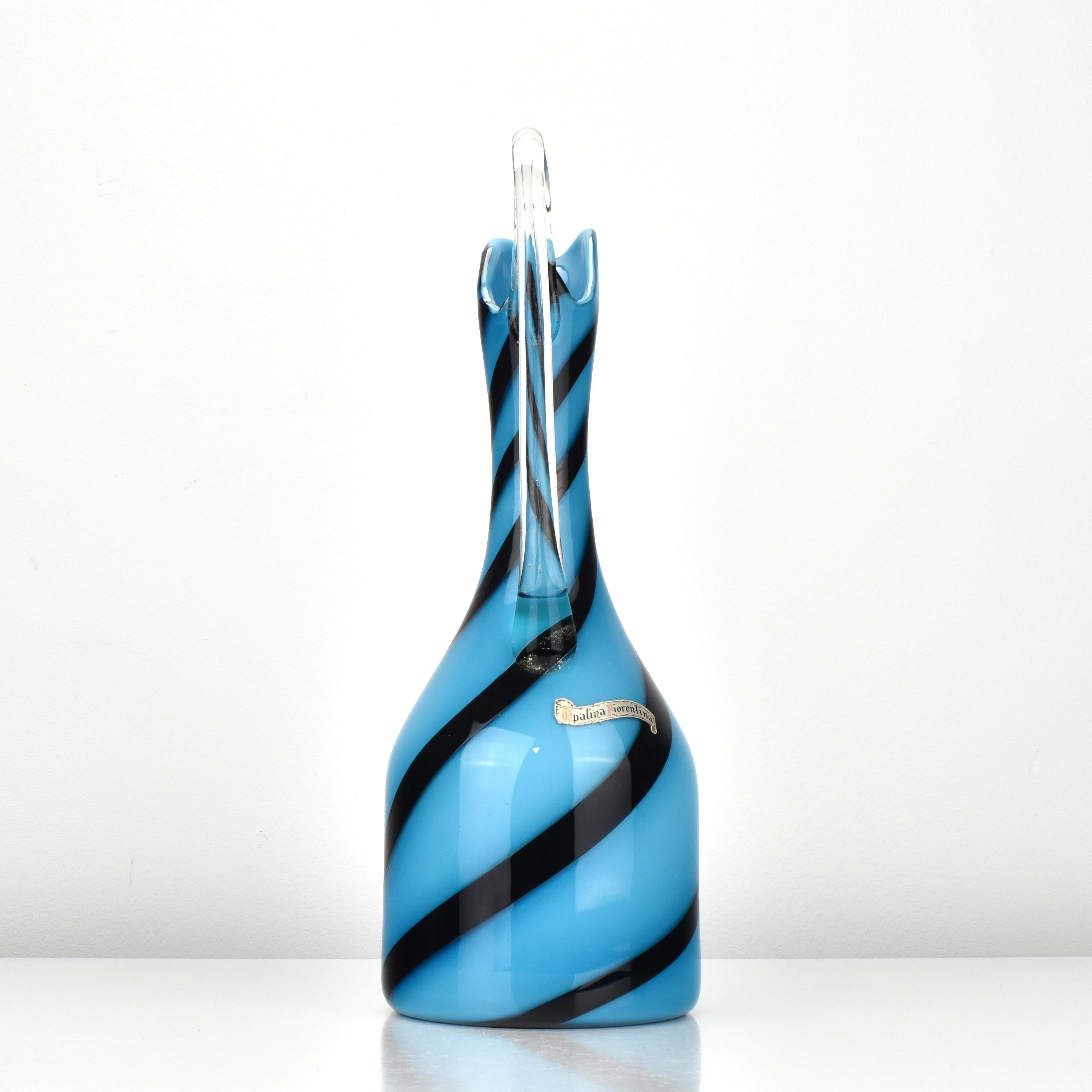 Mid-Century Modern Art Glass Vase / Jug Empoli Opaline di Firenze Blue with Black Stripes Swirl For Sale