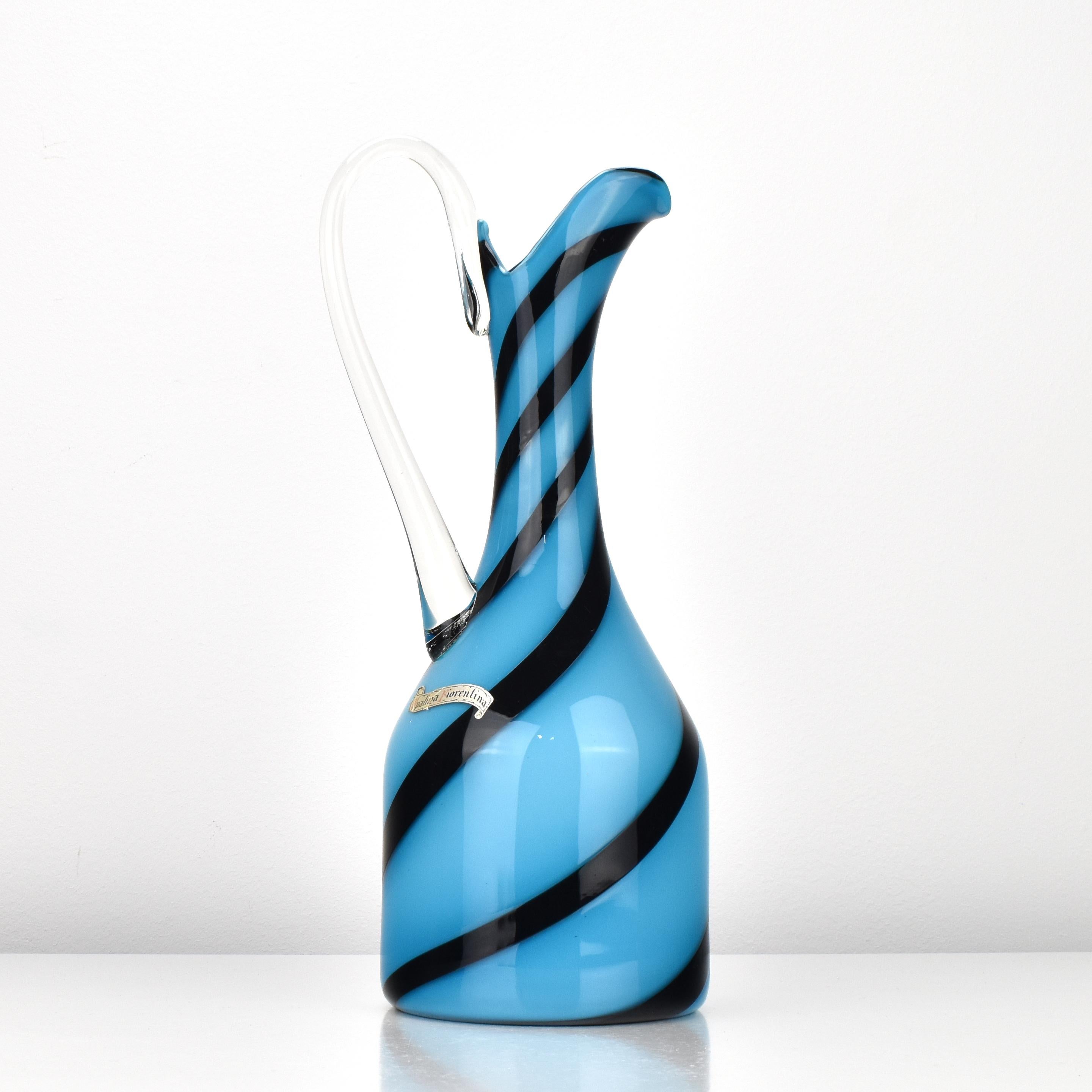 Italian Art Glass Vase / Jug Empoli Opaline di Firenze Blue with Black Stripes Swirl For Sale