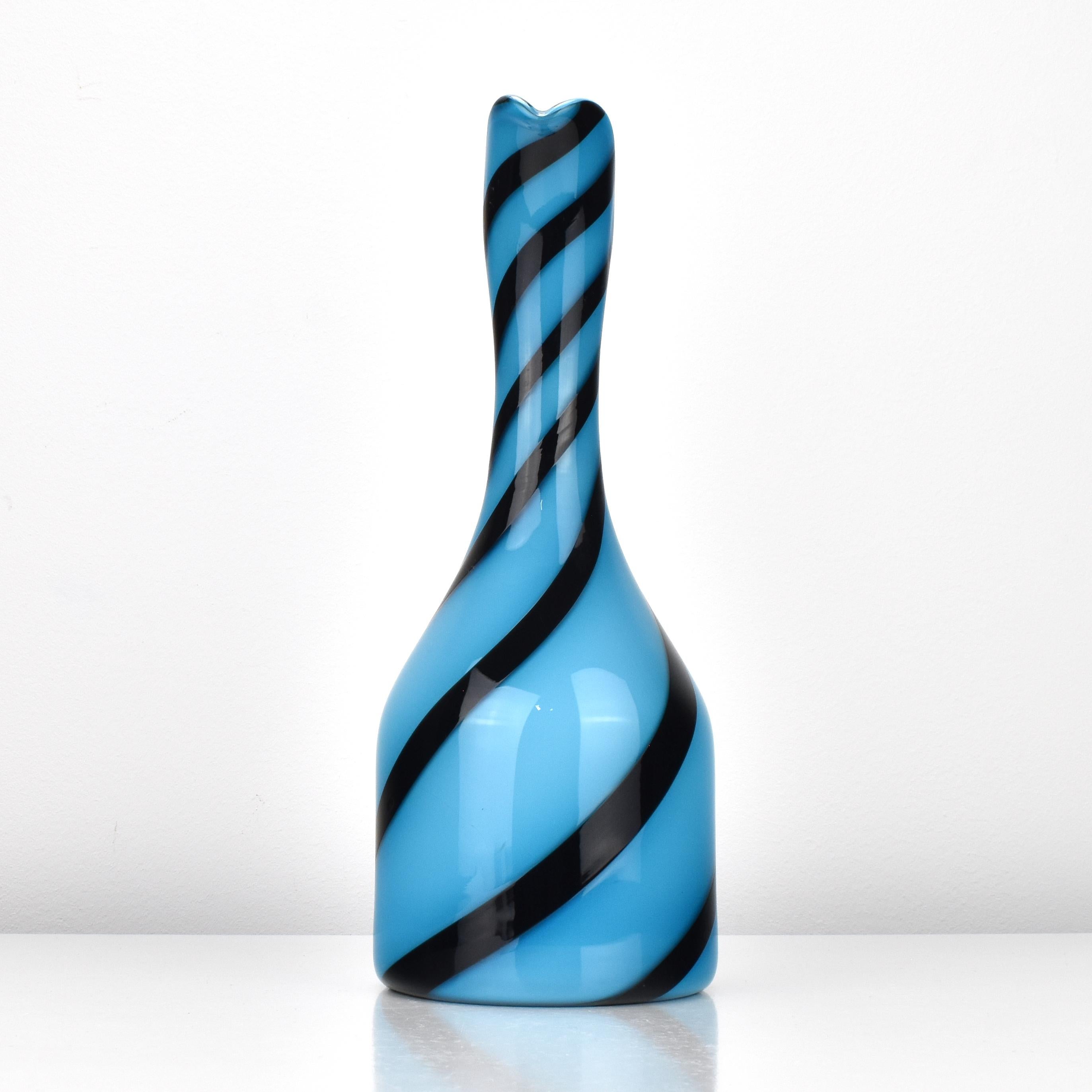 Hand-Crafted Art Glass Vase / Jug Empoli Opaline di Firenze Blue with Black Stripes Swirl For Sale