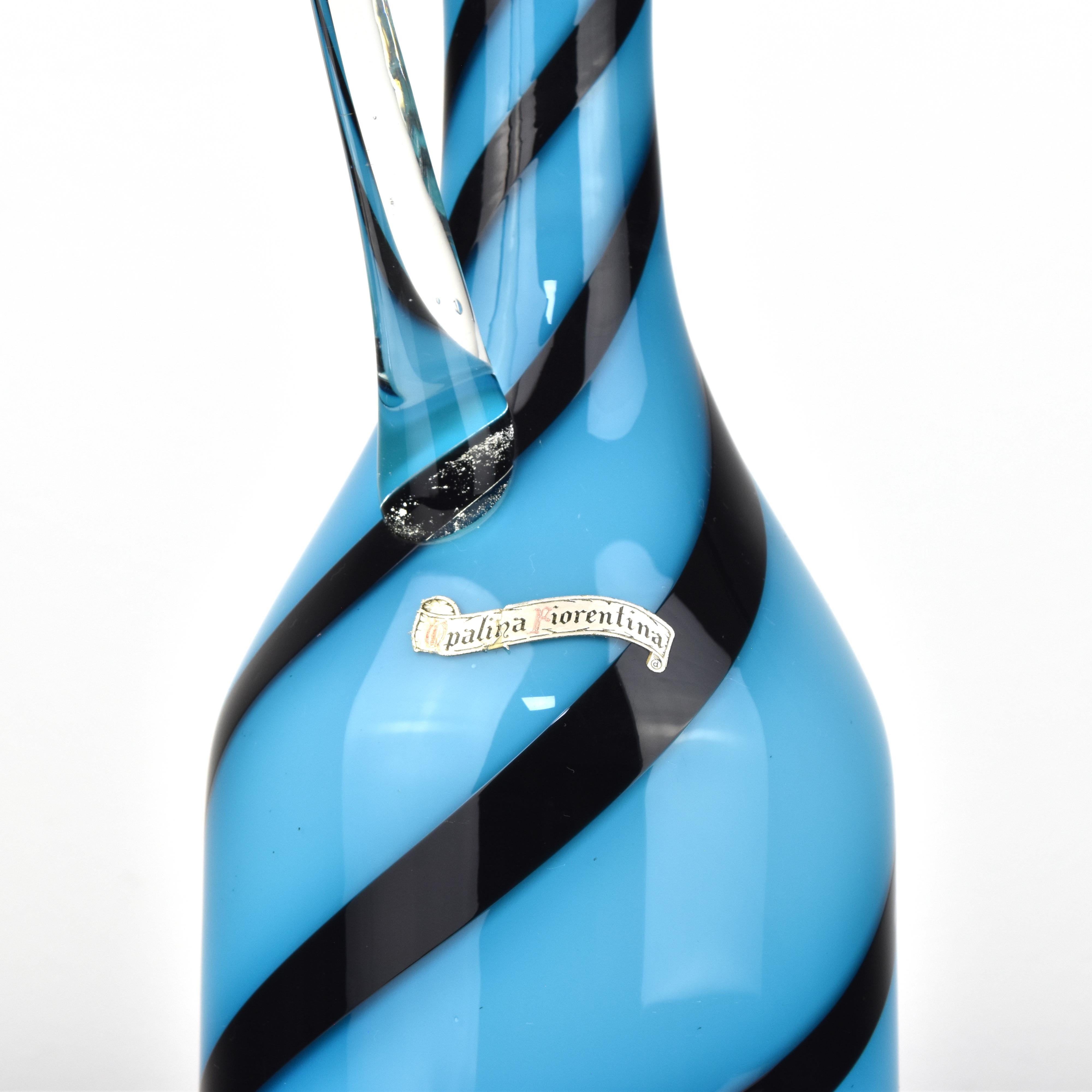 Art Glass Vase / Jug Empoli Opaline di Firenze Blue with Black Stripes Swirl In Good Condition For Sale In Bad Säckingen, DE