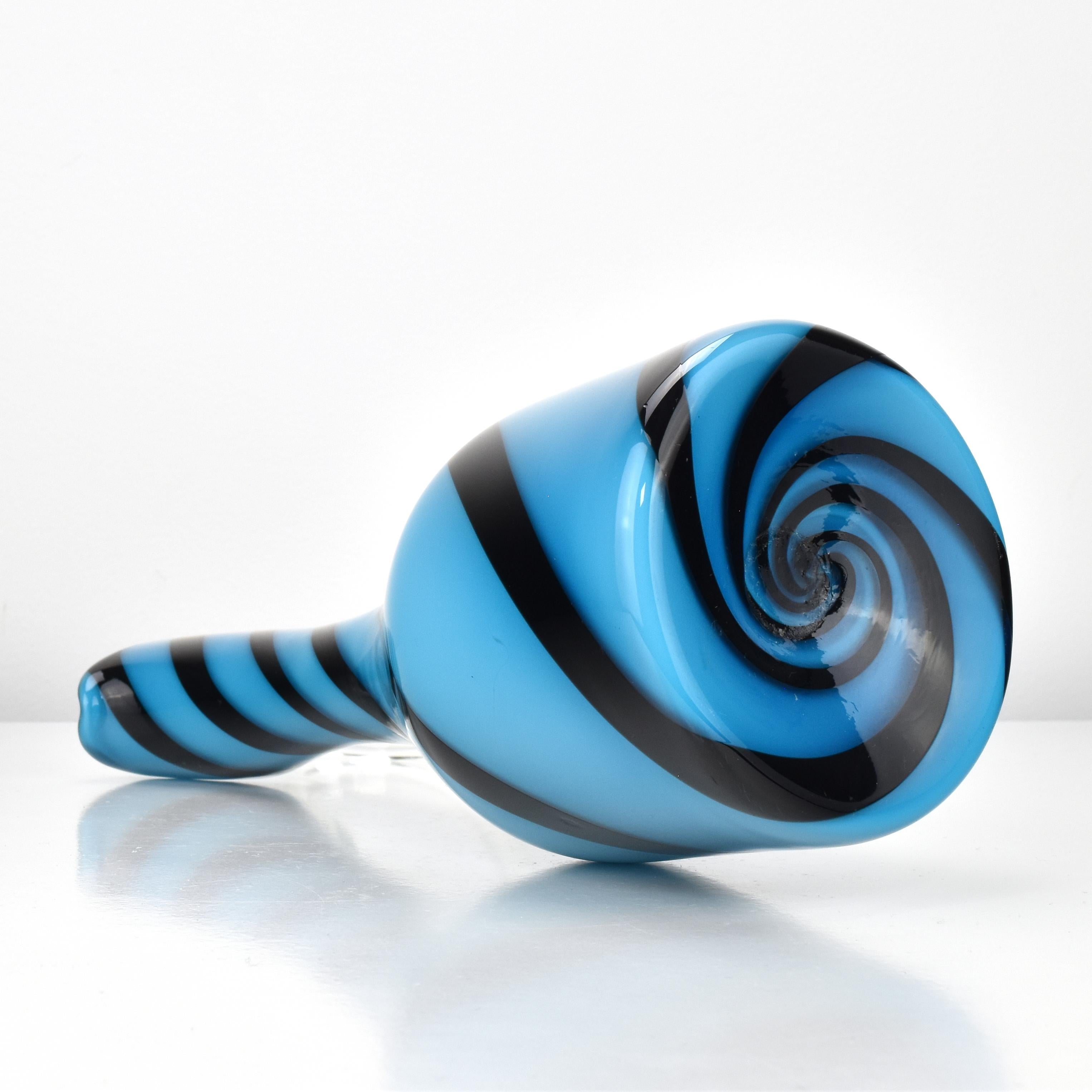 20th Century Art Glass Vase / Jug Empoli Opaline di Firenze Blue with Black Stripes Swirl For Sale