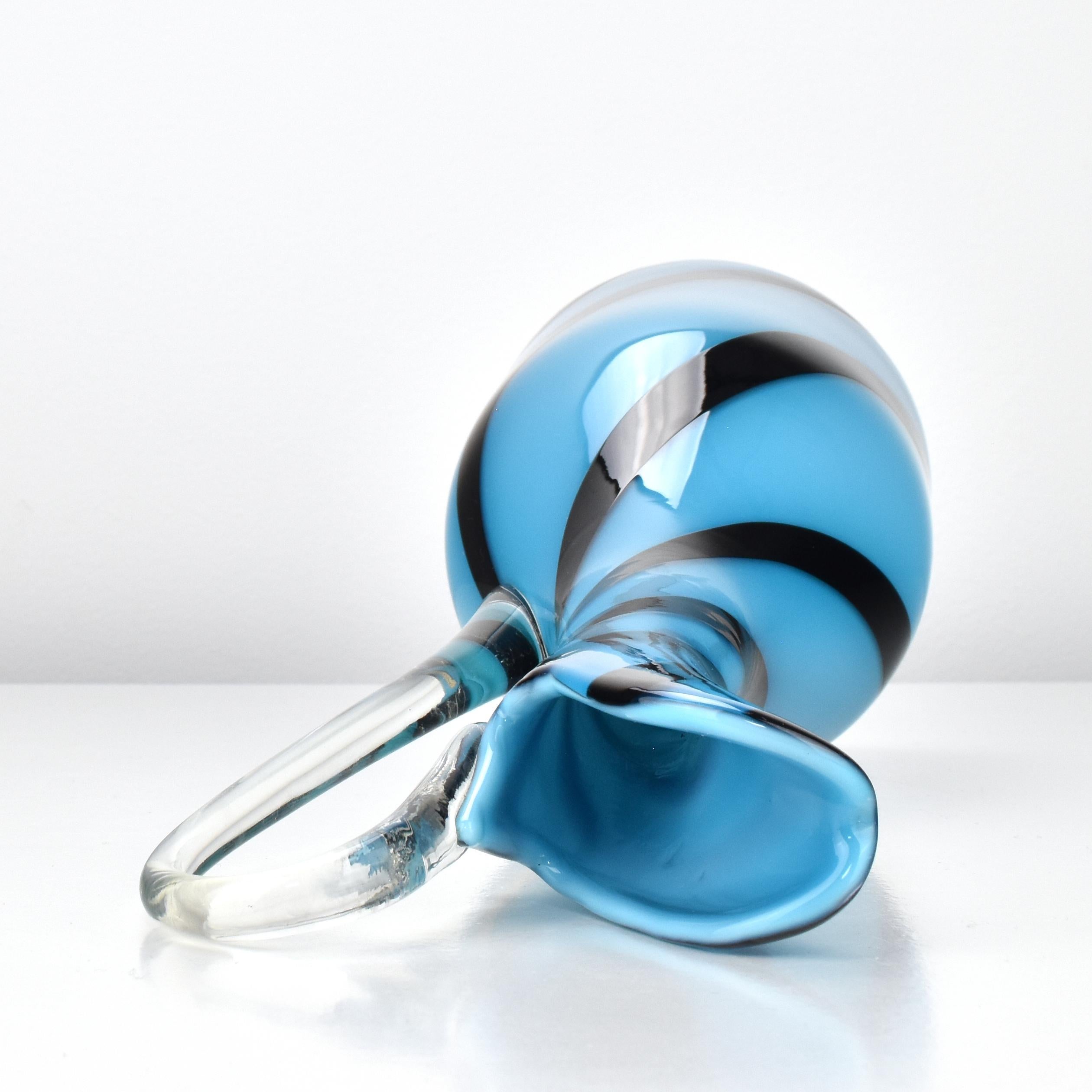 Art Glass Vase / Jug Empoli Opaline di Firenze Blue with Black Stripes Swirl For Sale 1