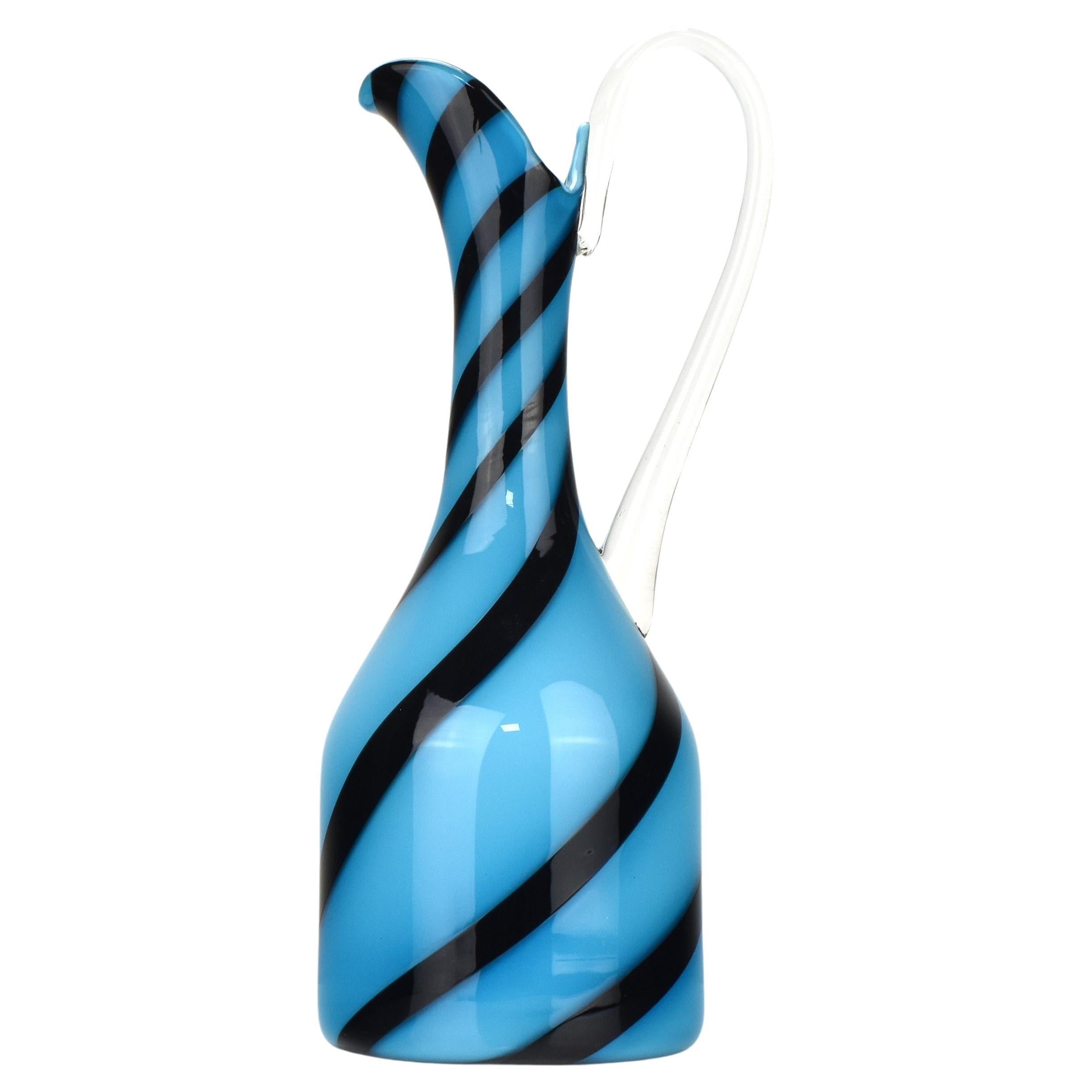 Art Glass Vase / Jug Empoli Opaline di Firenze Blue with Black Stripes Swirl For Sale