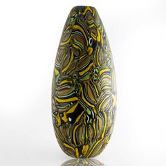 Art Glass Vase, Velato Strata Murrine Mustard/Olive Tall Egg Vase - In Stock