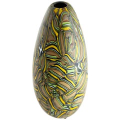 Art Glass Vase, Velato Strata Murrine Mustard/Olive Tall Egg Vase - In Stock