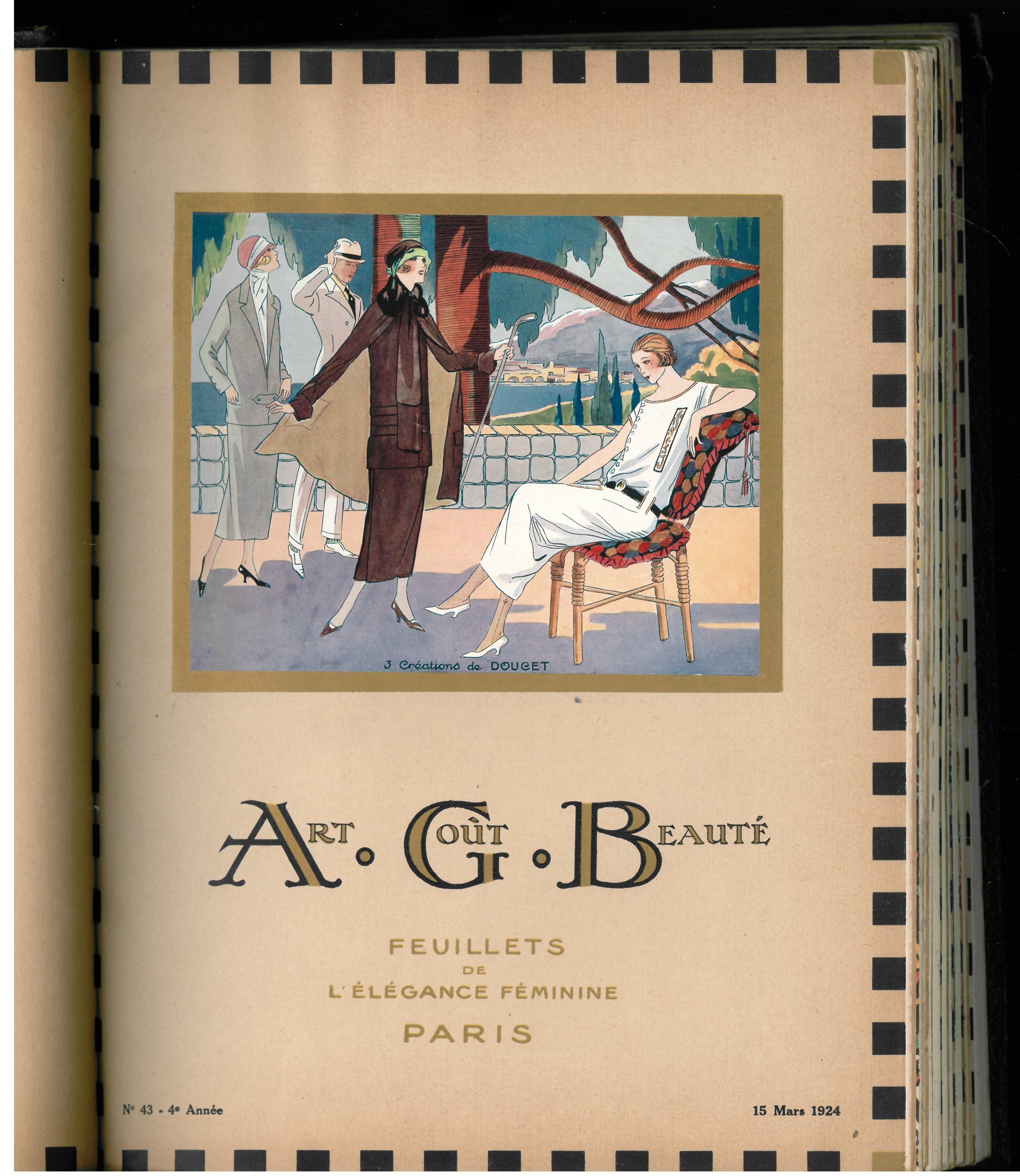 This is an extremely rare bound set of the 12 ART, GOUT, BEAUTE monthly fashion magazines from 1924. It was noted or its superb art deco pochoir illustrations, some of which were double pages. In each magazine there are several other illustrations