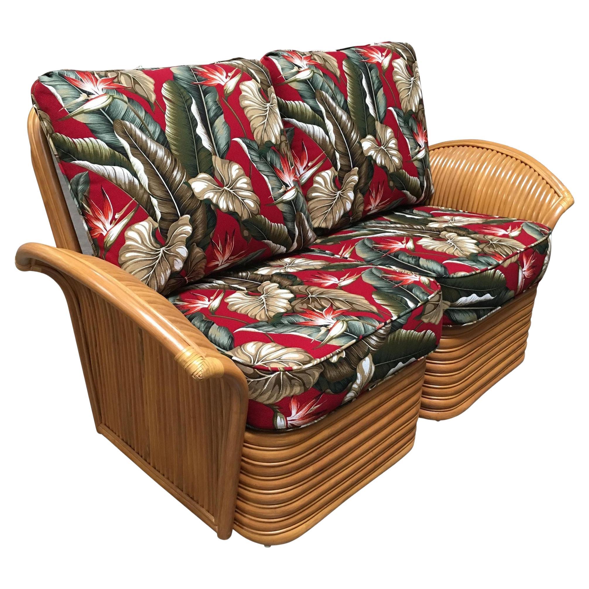 Art "Hawaii" Rattan Fan Arm Two-Seat Sectional Settee Sofa For Sale