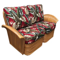 Used Art "Hawaii" Rattan Fan Arm Two-Seat Sectional Settee Sofa