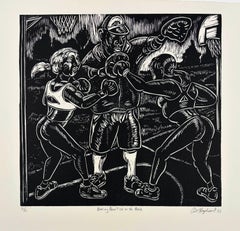 Entraînement de boxe dans le parc, linogravure d'Art Hazelwood