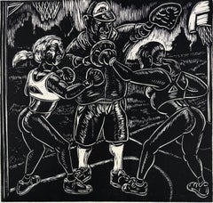 Entraînement de boxe dans le parc, linogravure d'Art Hazelwood
