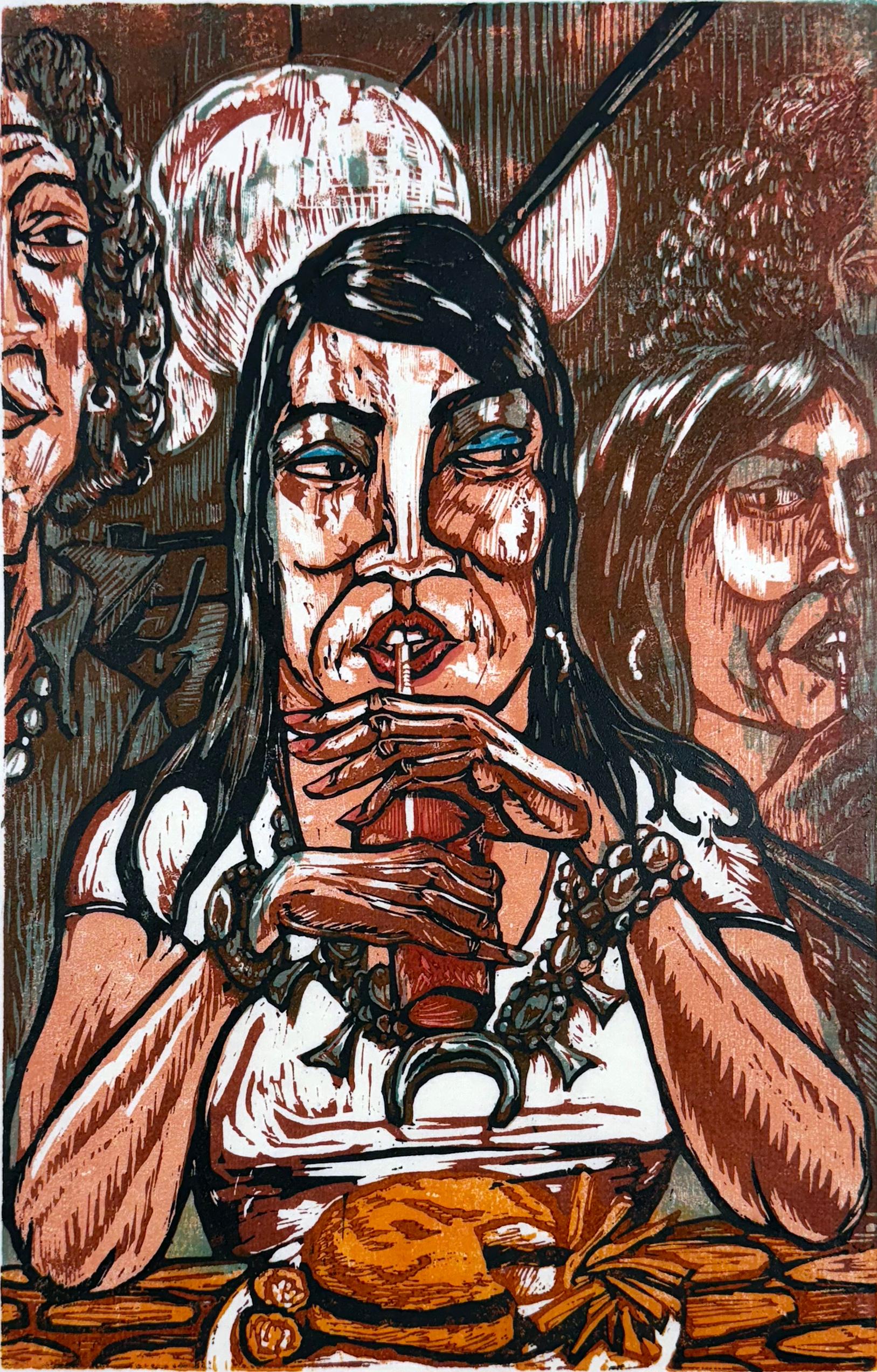xilografía firmada y numerada de la edición de 15 ejemplares. La sátira política y social es un tema frecuente en la obra de Hazelwood. Pero también le gusta representar la escena social en lugares y actividades concretas. En este grabado, Hazelwood