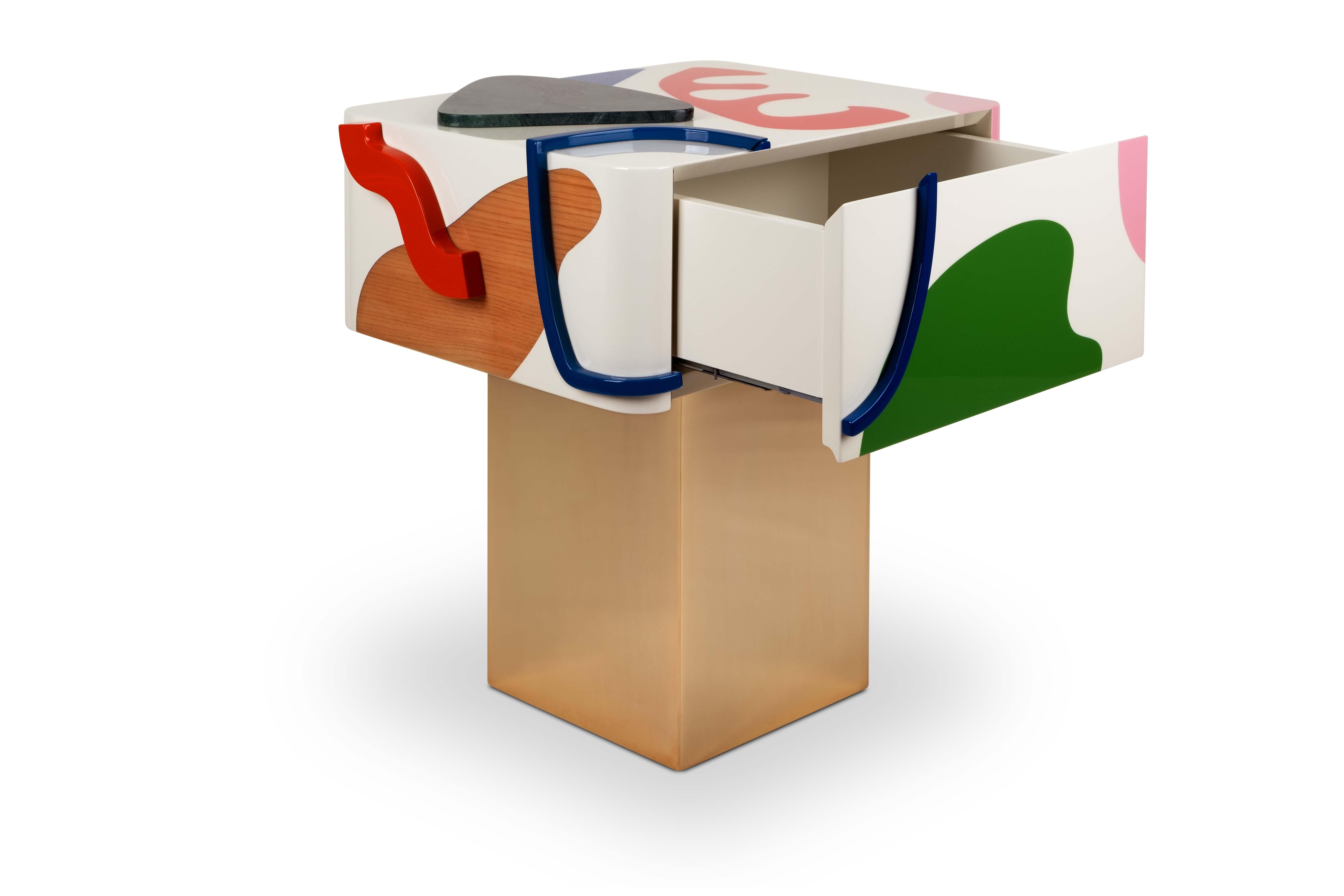 Art-Inspired Fauves Nightstand Lacquered Wood Marble Made in Portugal by Malabar In New Condition For Sale In RIO TINTO, PT