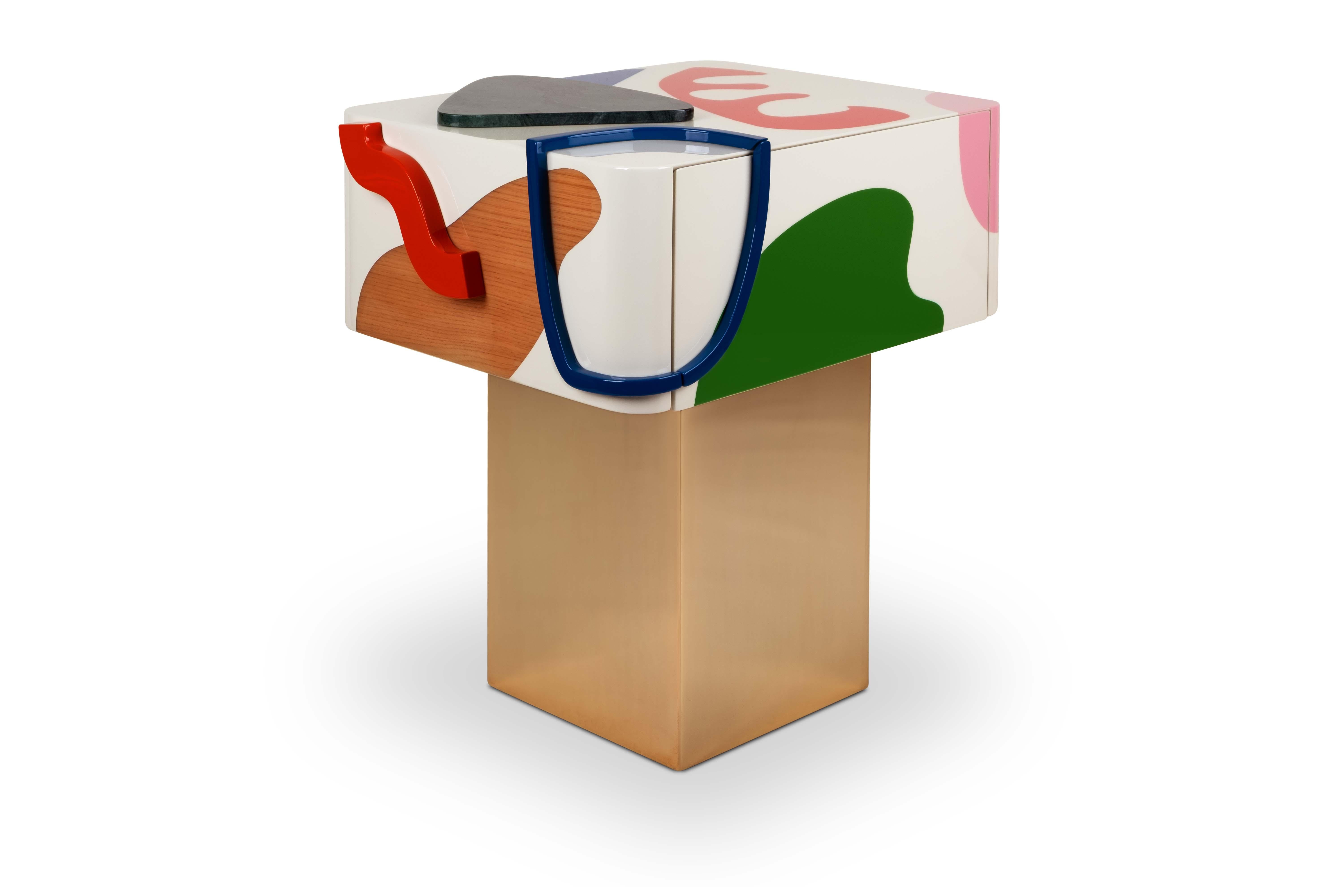 Contemporary Art-Inspired Fauves Nightstand Lacquered Wood Marble For Sale