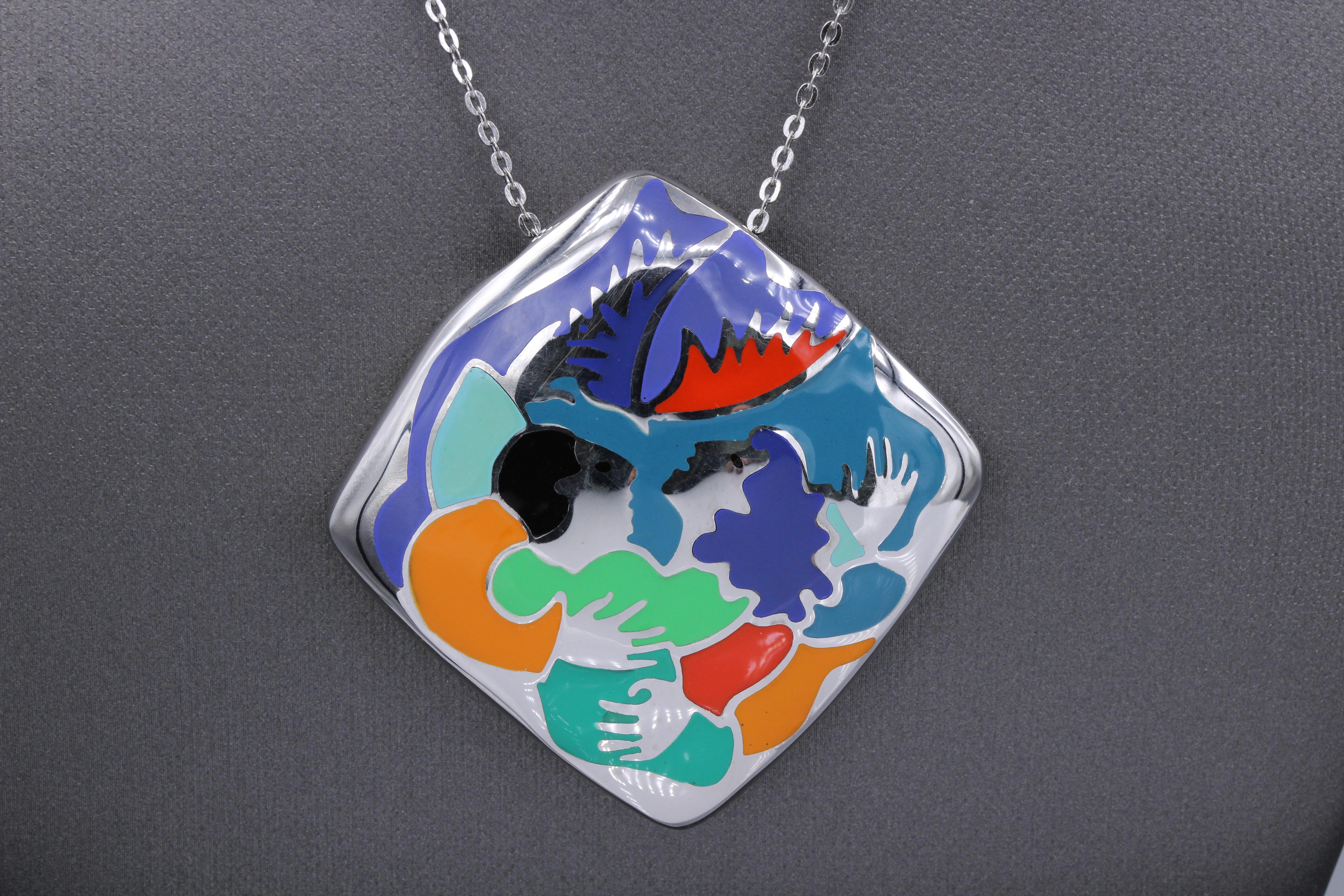 Unique  & beautiful Art Jewelry
Quality made Enamel Art Replica Pendant 
Inspired from famous artist Chagall.
Sterling Silver 925 - Hand Made in Italy
Approx. size 43 x 43 mm ( 1.75' x 1.75' Inch)
Slight Imperfections may exist due to Manufacturing