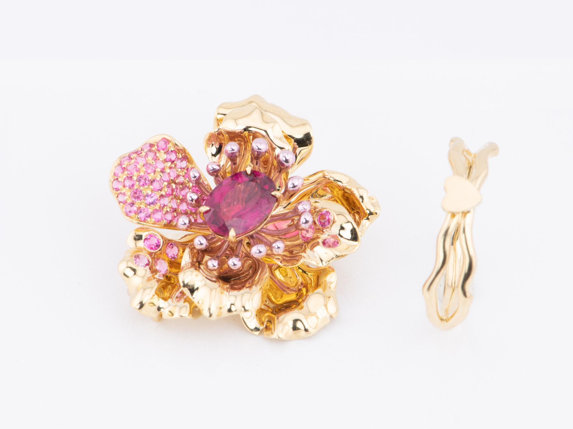 Art Jewelry Rubellite Tourmaline Center Flower Ring / Pendant 18K Gold R6641 For Sale 9