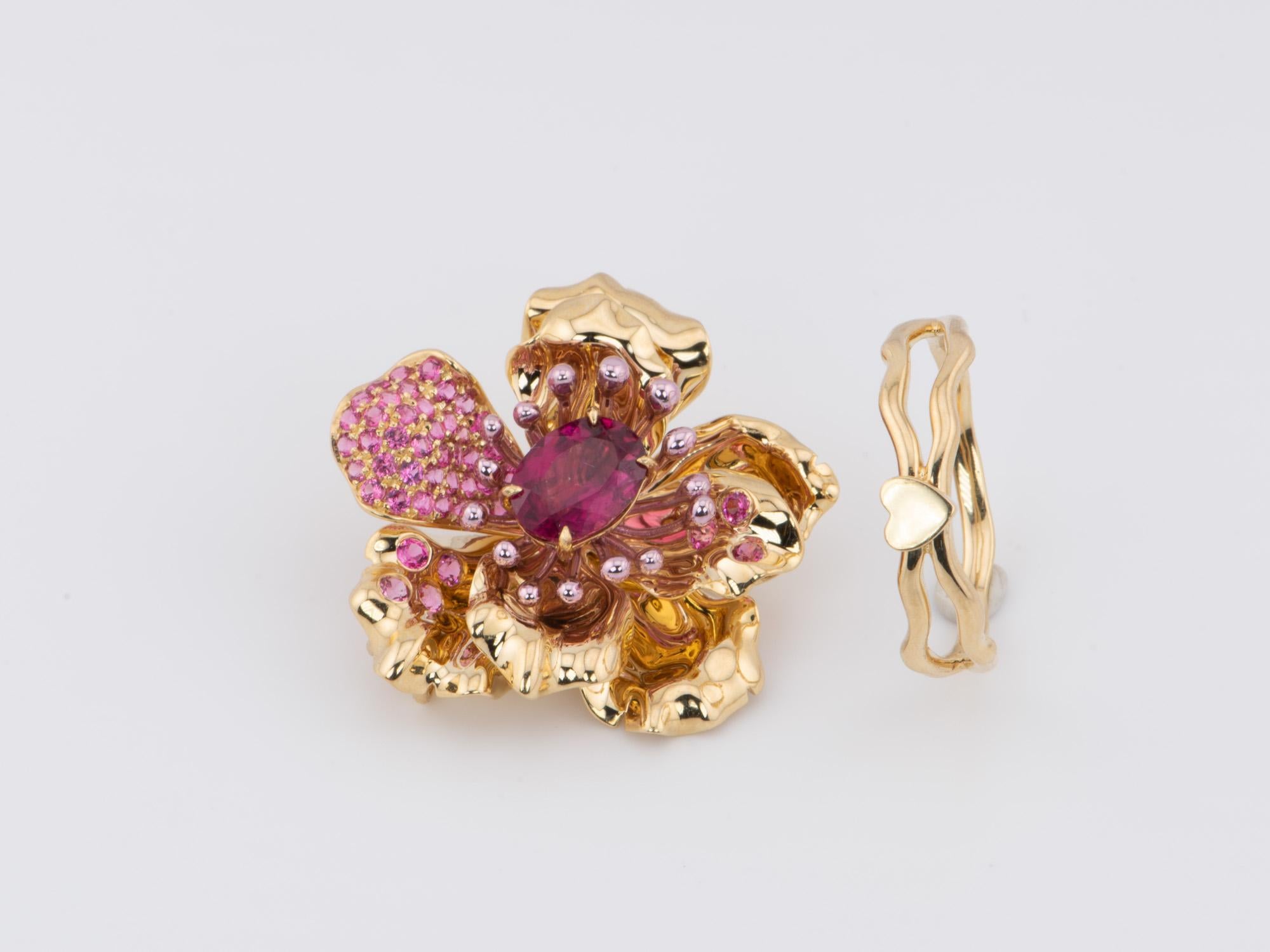Art Jewelry Rubellite Tourmaline Center Flower Ring / Pendant 18K Gold R6641 For Sale 11