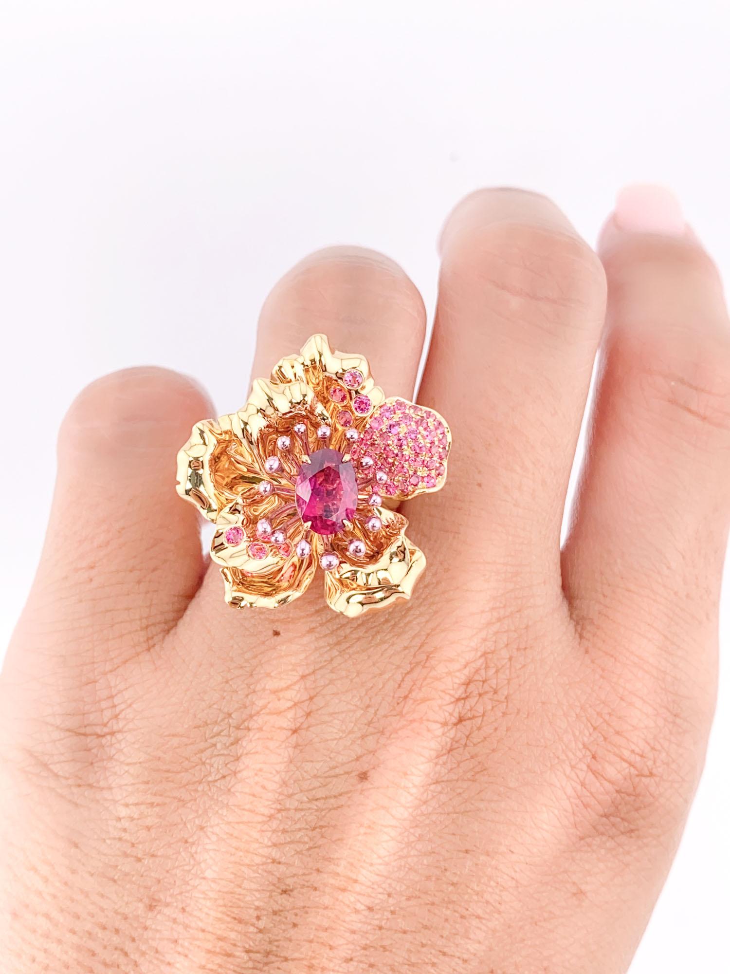 Uncut Art Jewelry Rubellite Tourmaline Center Flower Ring / Pendant 18K Gold R6641 For Sale