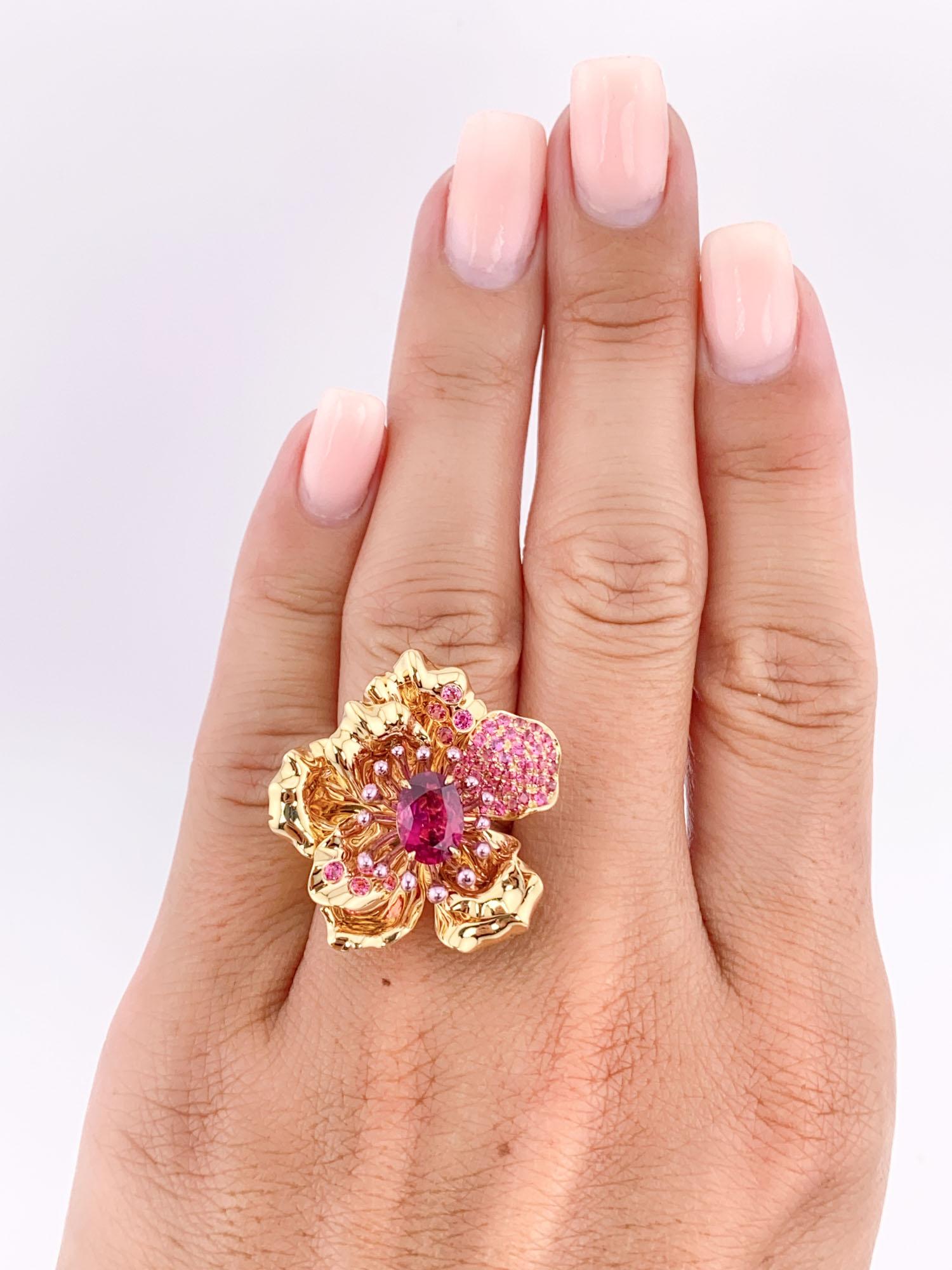 Art Jewelry Rubellite Tourmaline Center Flower Ring / Pendant 18K Gold R6641 In New Condition For Sale In Osprey, FL