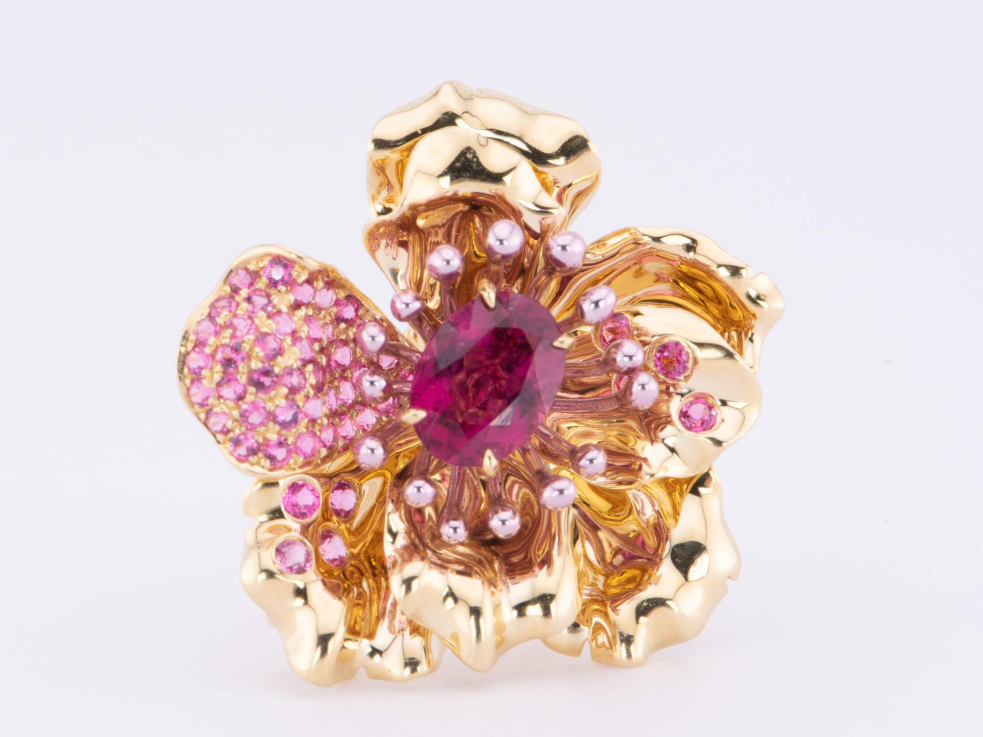 Women's or Men's Art Jewelry Rubellite Tourmaline Center Flower Ring / Pendant 18K Gold R6641 For Sale