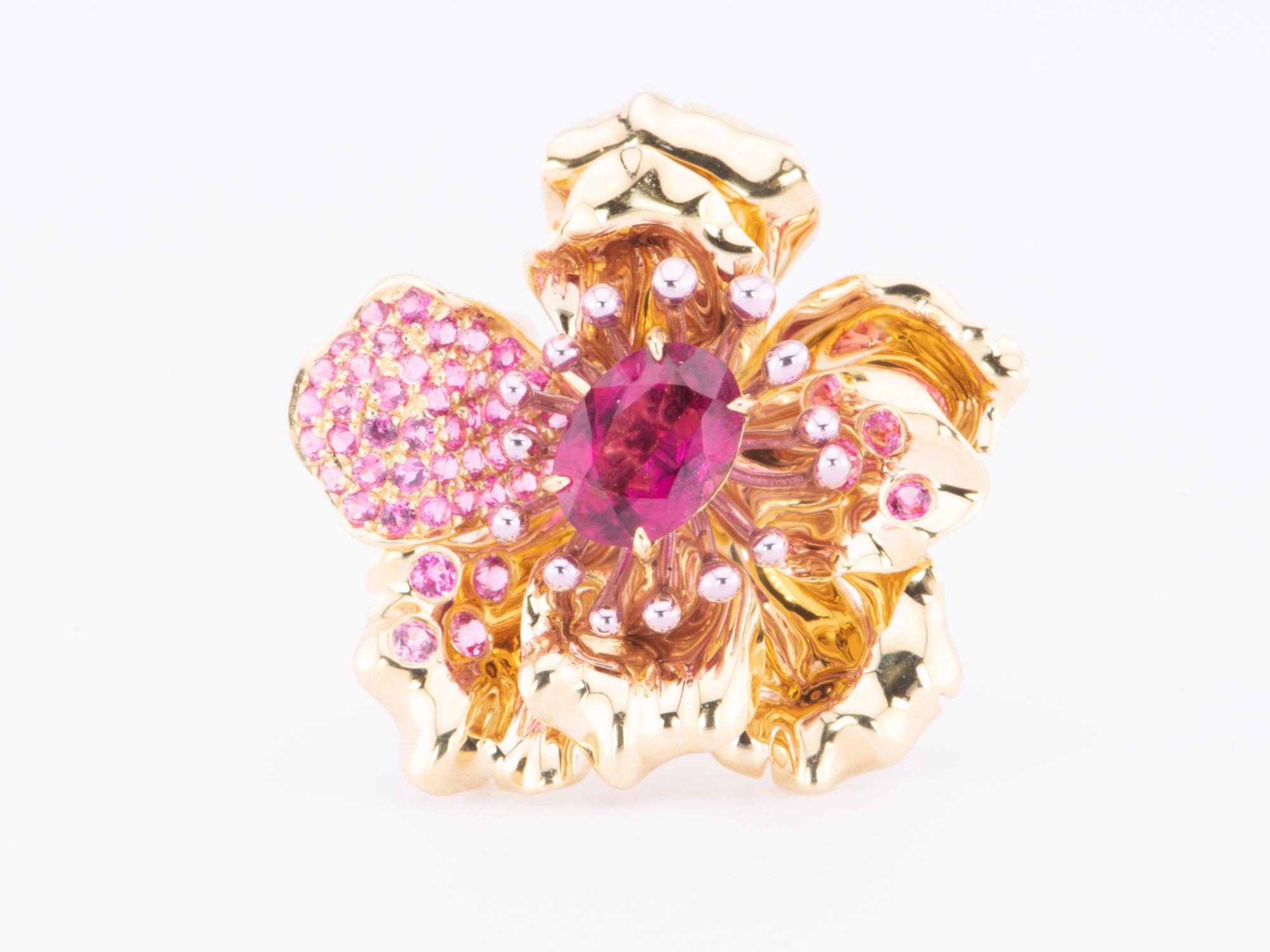 Art Jewelry Rubellite Tourmaline Center Flower Ring / Pendant 18K Gold R6641 For Sale 1