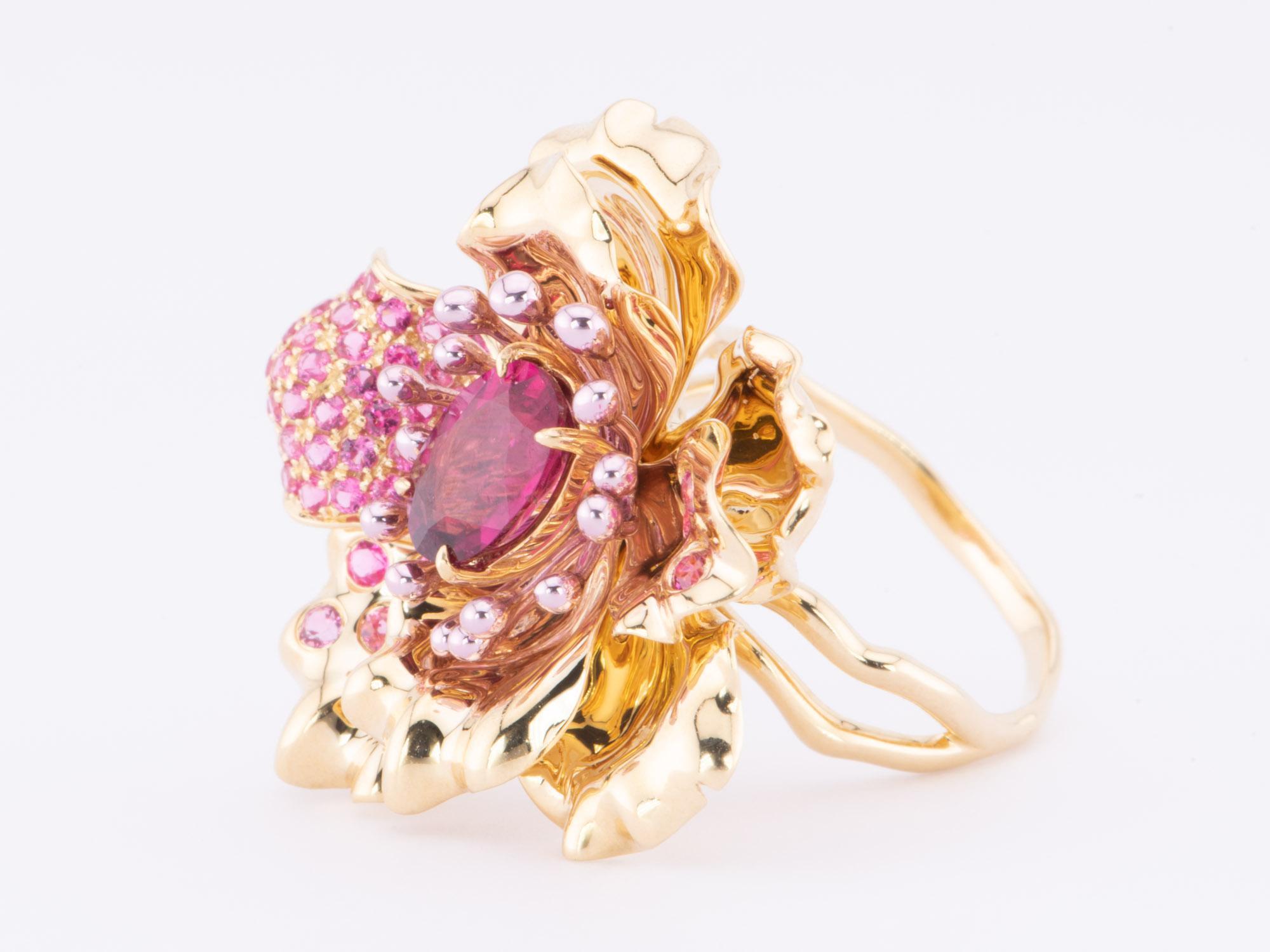 Art Jewelry Rubellite Tourmaline Center Flower Ring / Pendant 18K Gold R6641 For Sale 2